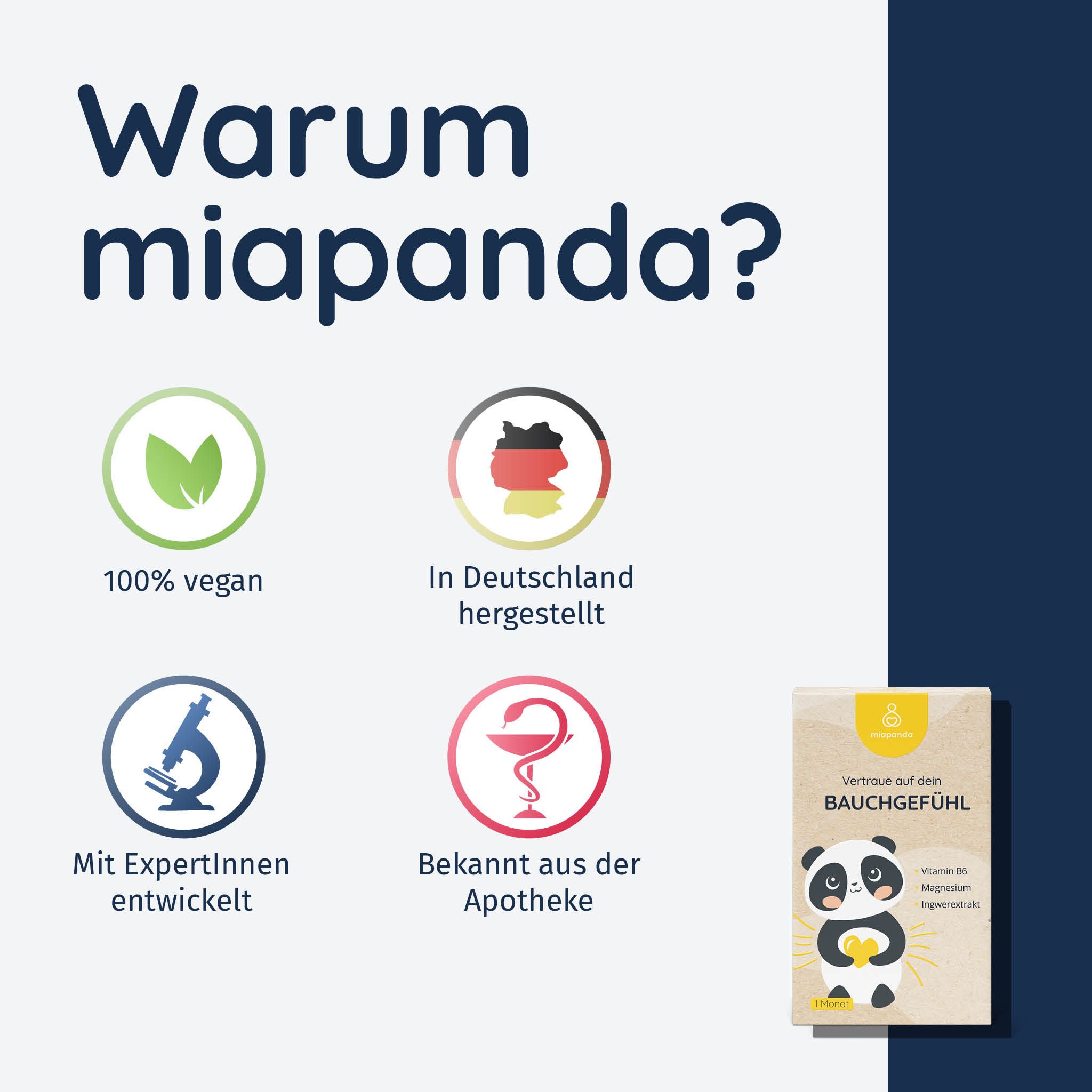 Infografik: miapanda-Logo, 100% vegan, hergestellt in Deutschland, entwickelt mit Expertinnen, bekannt aus der Apotheke. Produktabbildung.