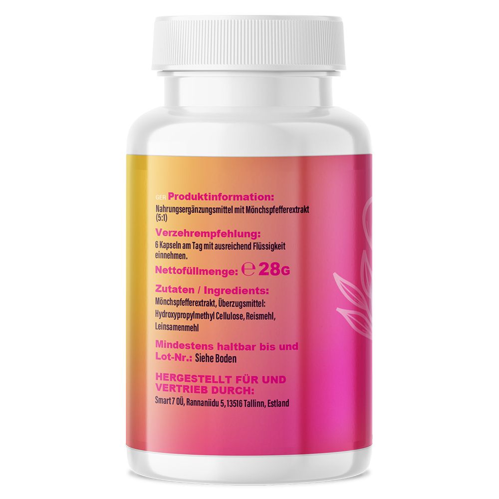 Rückseite des Pillenfläschchens. Rosa-gelbes Etikett mit Produktinformationen, Zutaten, Haltbarkeit und Herstelleradresse.