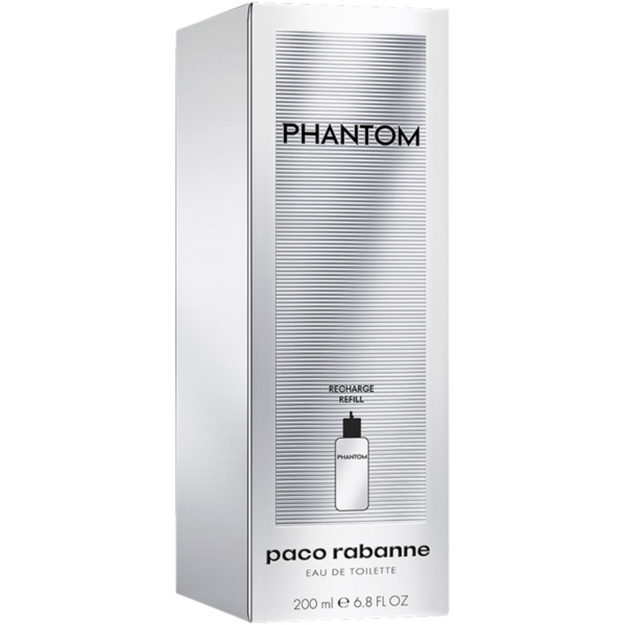 Confezione rettangolare bianca con scritta "Phantom". In basso, "Paco Rabanne" e "Eau de Toilette".