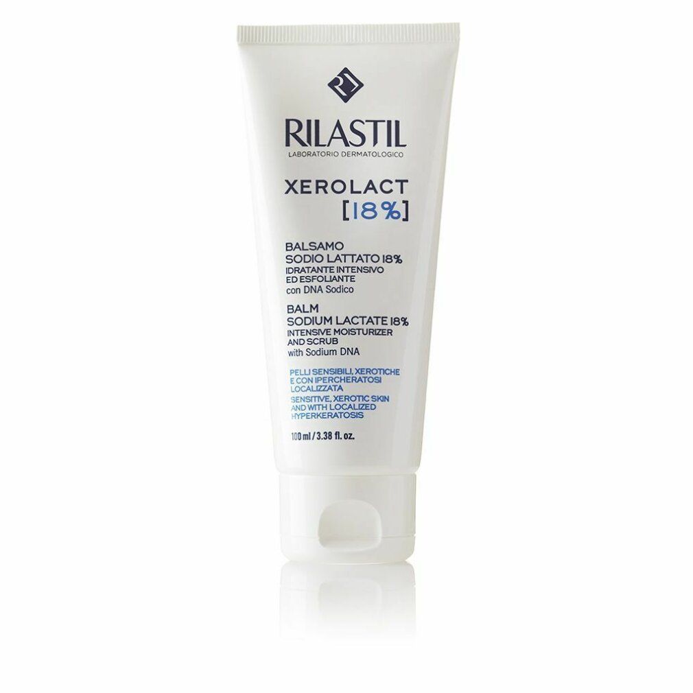 Weiße Tube mit Produkttext. RILASTIL, XEROLACT [18%], Balsamo, 100ml.