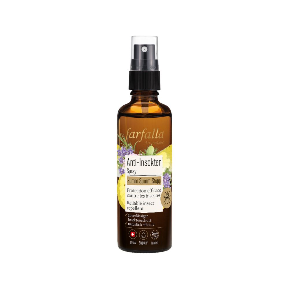 Braune Sprühflasche mit weißem Zerstäuber. Aufschrift: Farfalla Anti-Insekten Spray. Mit Illustrationen von Blumen und Früchten.