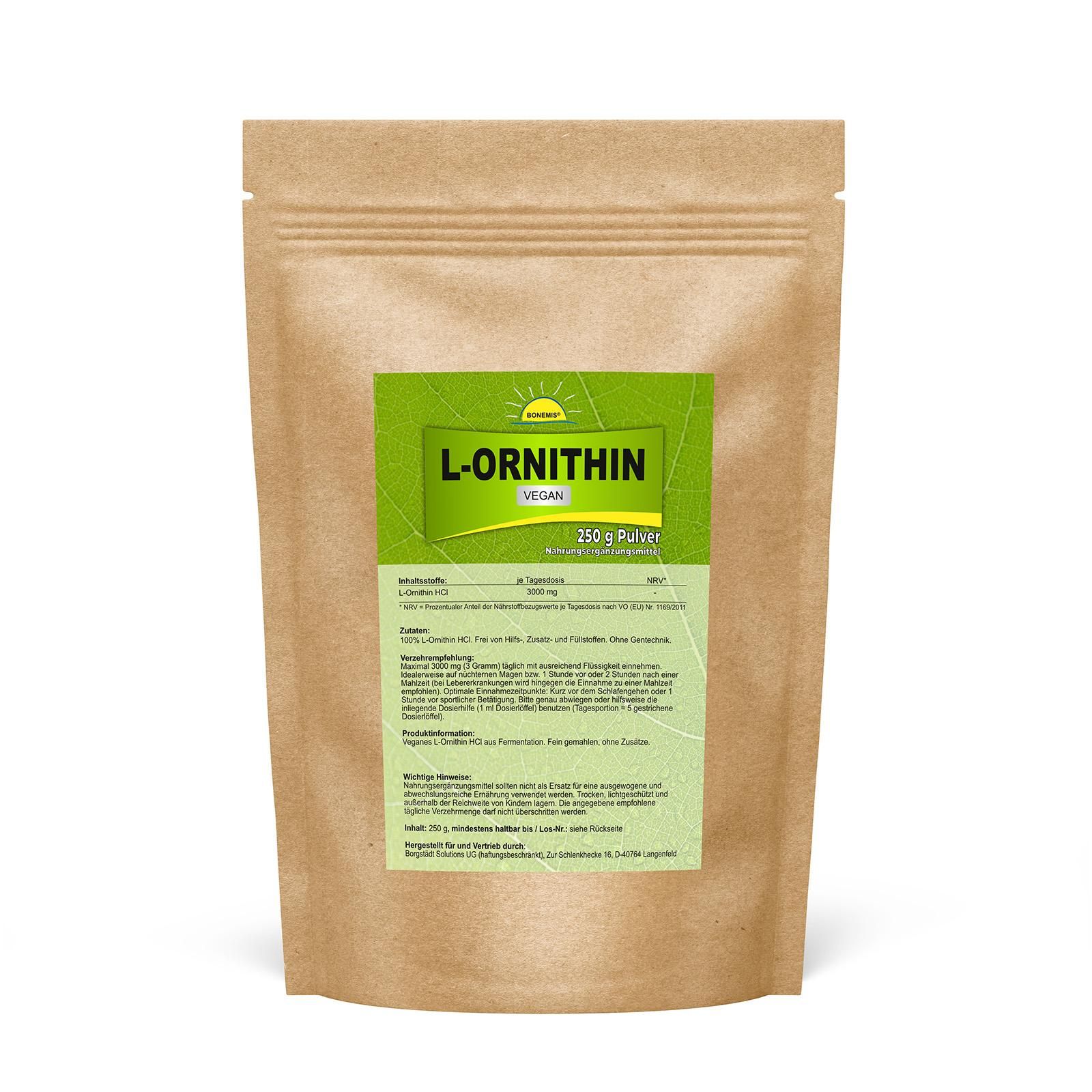 Bonemis® L-Ornithin, veganes Pulver, hochrein, ohne Zusätze, fein gemahlen 0,25 kg Pulver