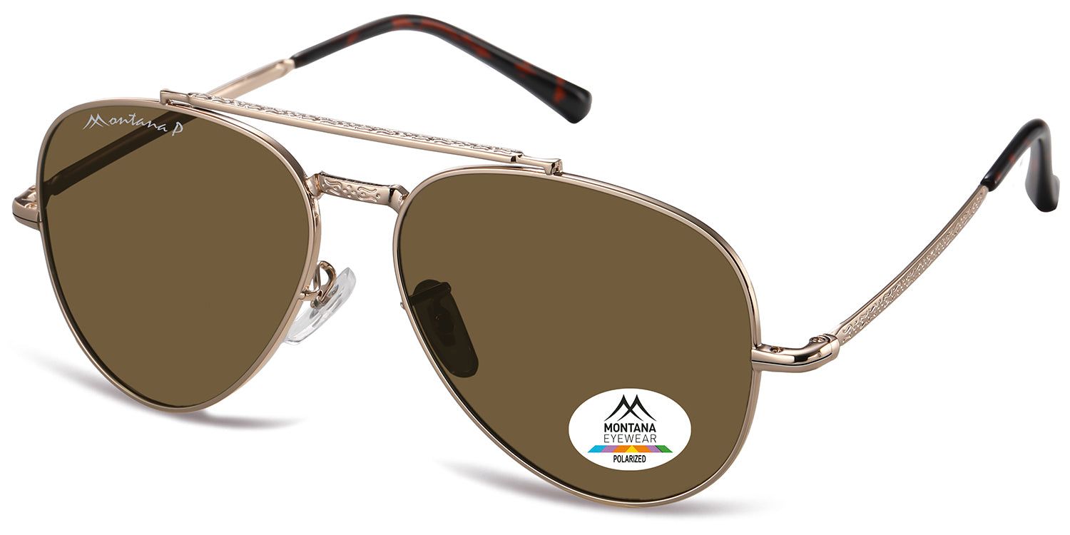 Goldfarbene Sonnenbrille mit braunen Gläsern. Montana Eyewear Logo auf dem Glas. Polarisierte Gläser. Aviator-Form.