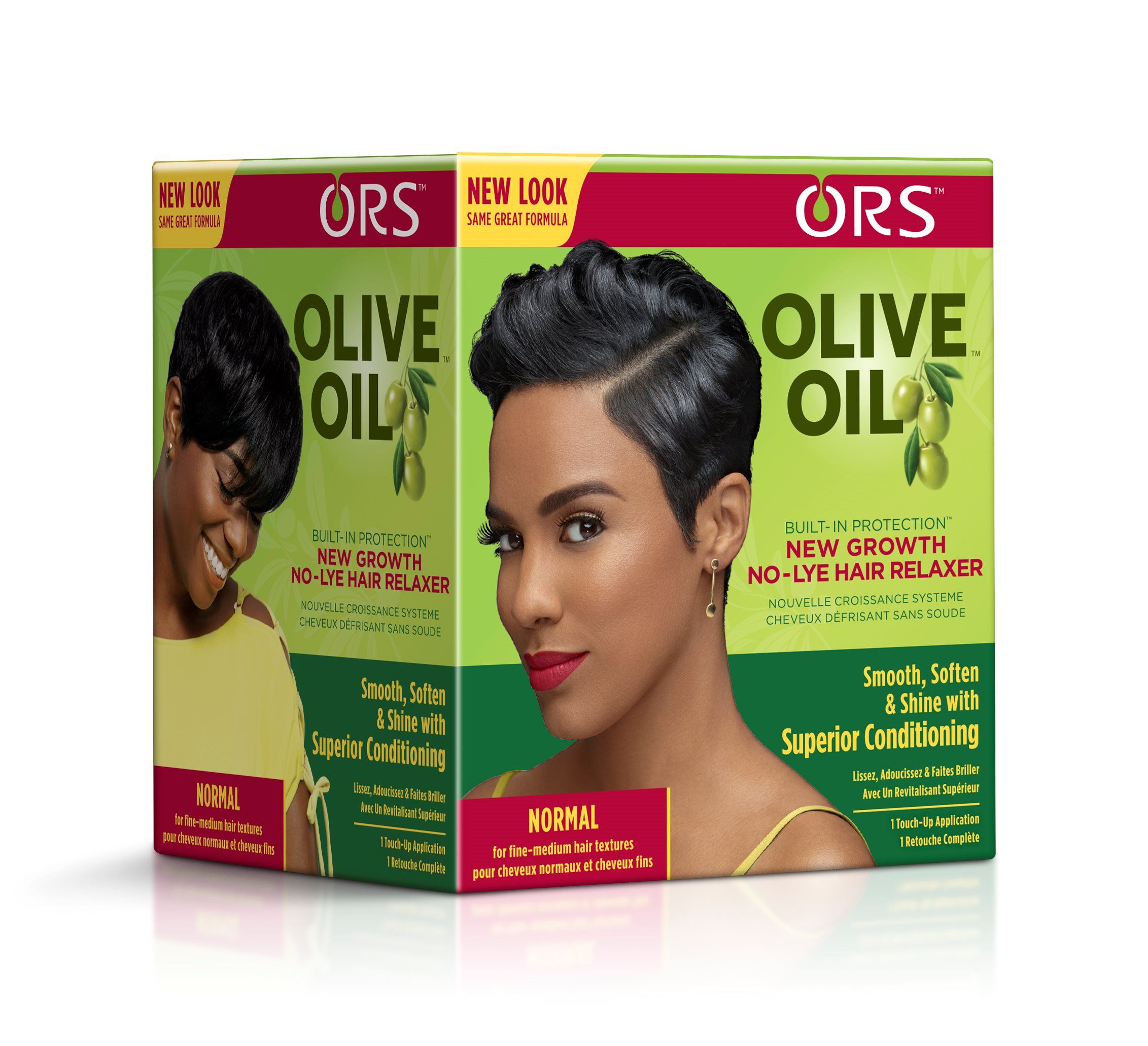 ORS Olive Oil Haarglättungsmittel. Karton mit Produktabbildung und Schriftzug. Enthält Produktinformationen und Abbildungen.
