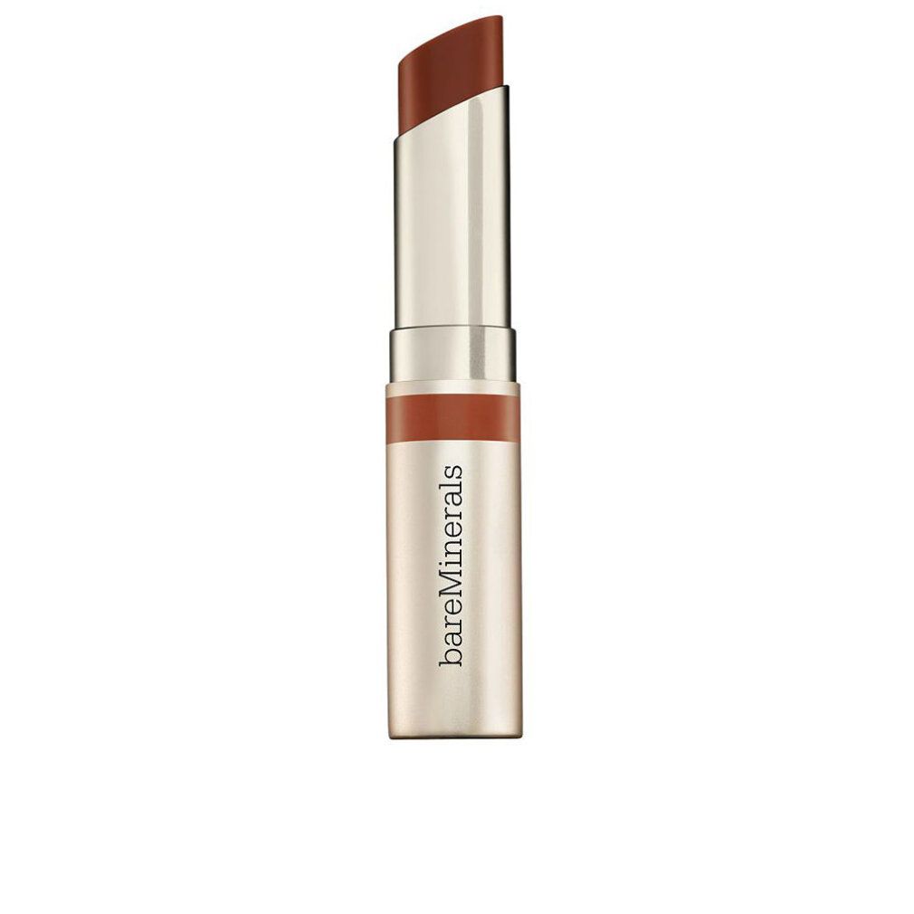 Lippenbalsam in silberfarbener Hülse. Der Lippenstift ist teilweise herausgedreht und hat eine braune Farbe. Der Markenname "bareMinerals" ist sichtbar.