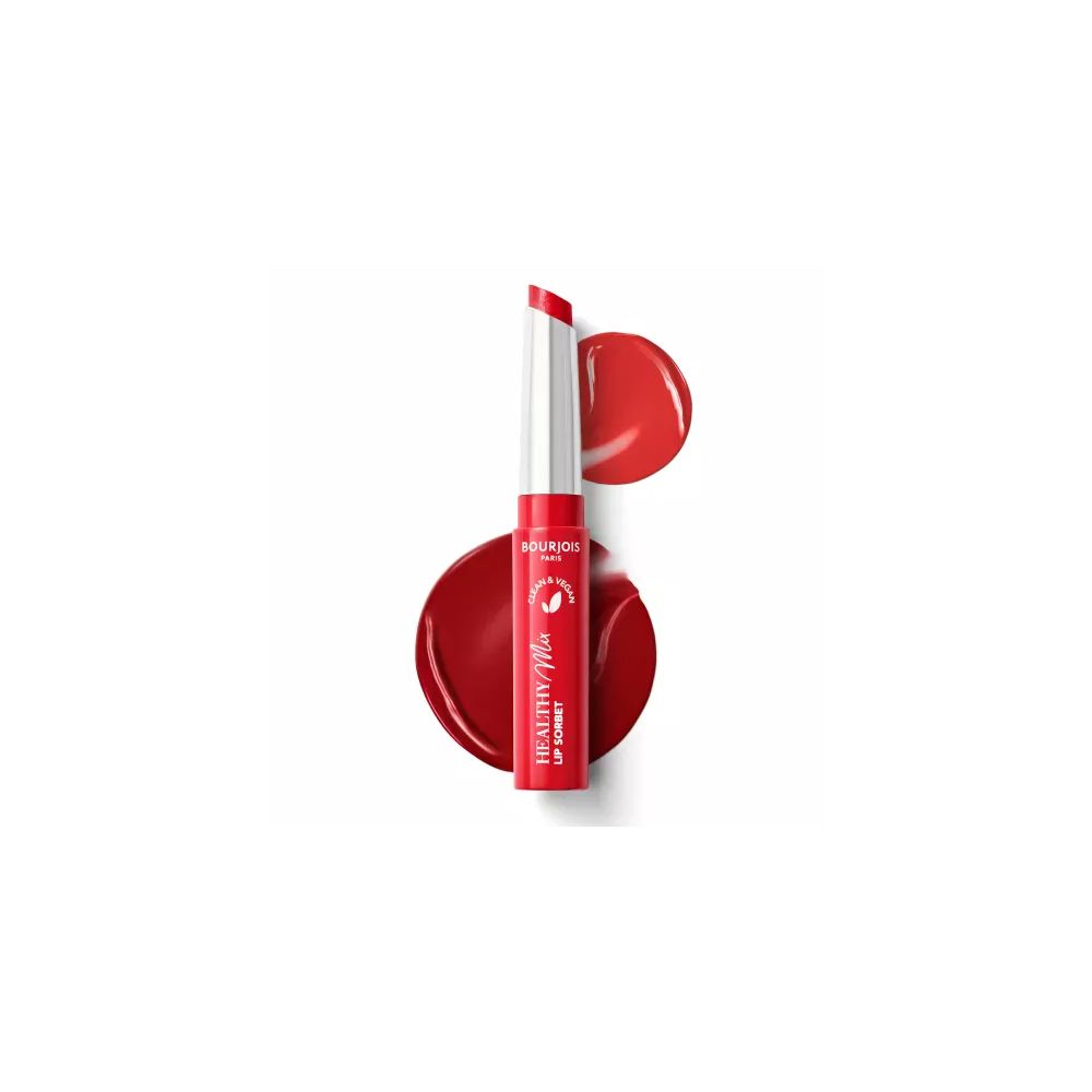 Roter Bourjois Healthy Mix Lip Sorbet, offene Kappe. Daneben zwei Farbtupfer. Vegan-Siegel.