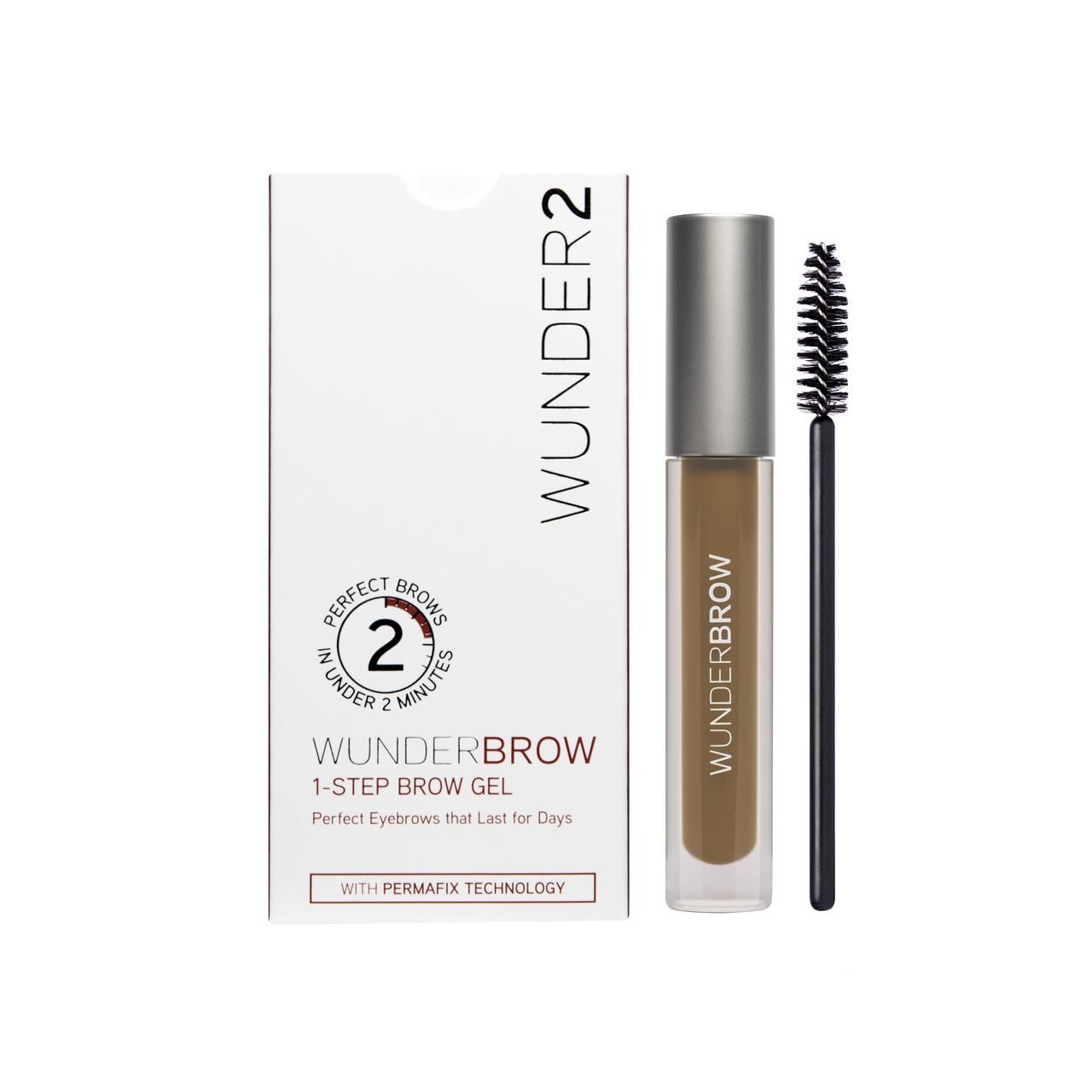WUNDERBROW 1-Step Brow Gel, Verpackung, Bürste und Tube. Text: Perfect Brows in under 2 minutes.