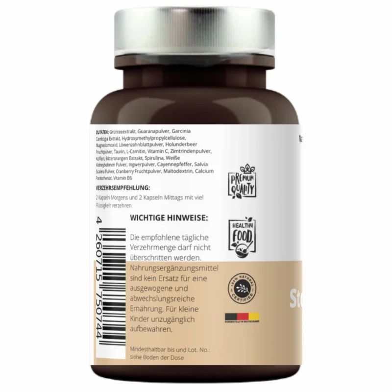 Braune Flasche mit Etikett. Aufschrift: Vitamin Fuchs, Inhaltsstoffe, Premium Quality, Healthy Food. Deckel silberfarben.