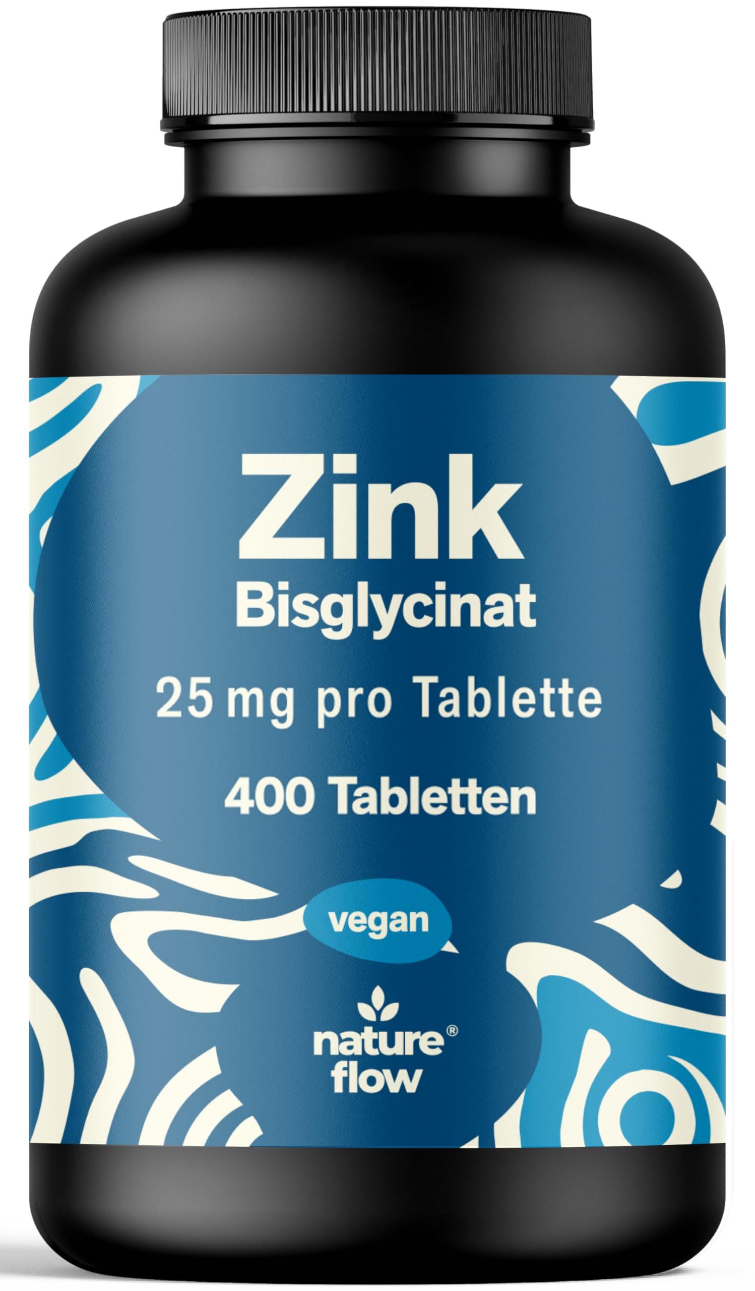 Schwarze Flasche mit blauem Etikett. Aufschrift: Zink Bisglycinat 25 mg pro Tablette, 400 Tabletten. Vegan-Siegel. Marke: nature flow.