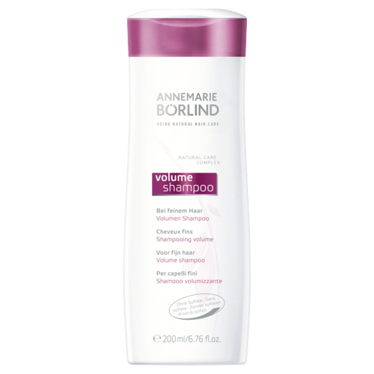 Weißes Shampoo mit lila Deckel. Aufschrift: ANNEMARIE BÖRLIND, Volumen-Shampoo. Text in mehreren Sprachen.