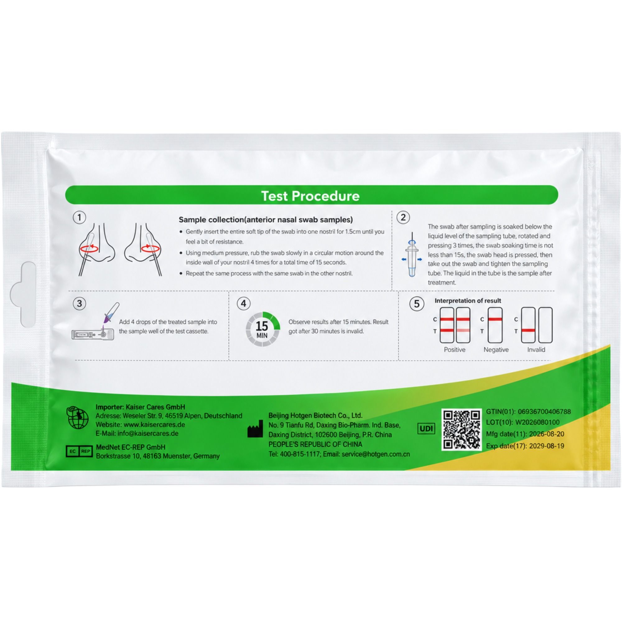 Verpackung eines Antigen-Schnelltests mit Anleitung zur Probenentnahme und Ergebnisinterpretation.