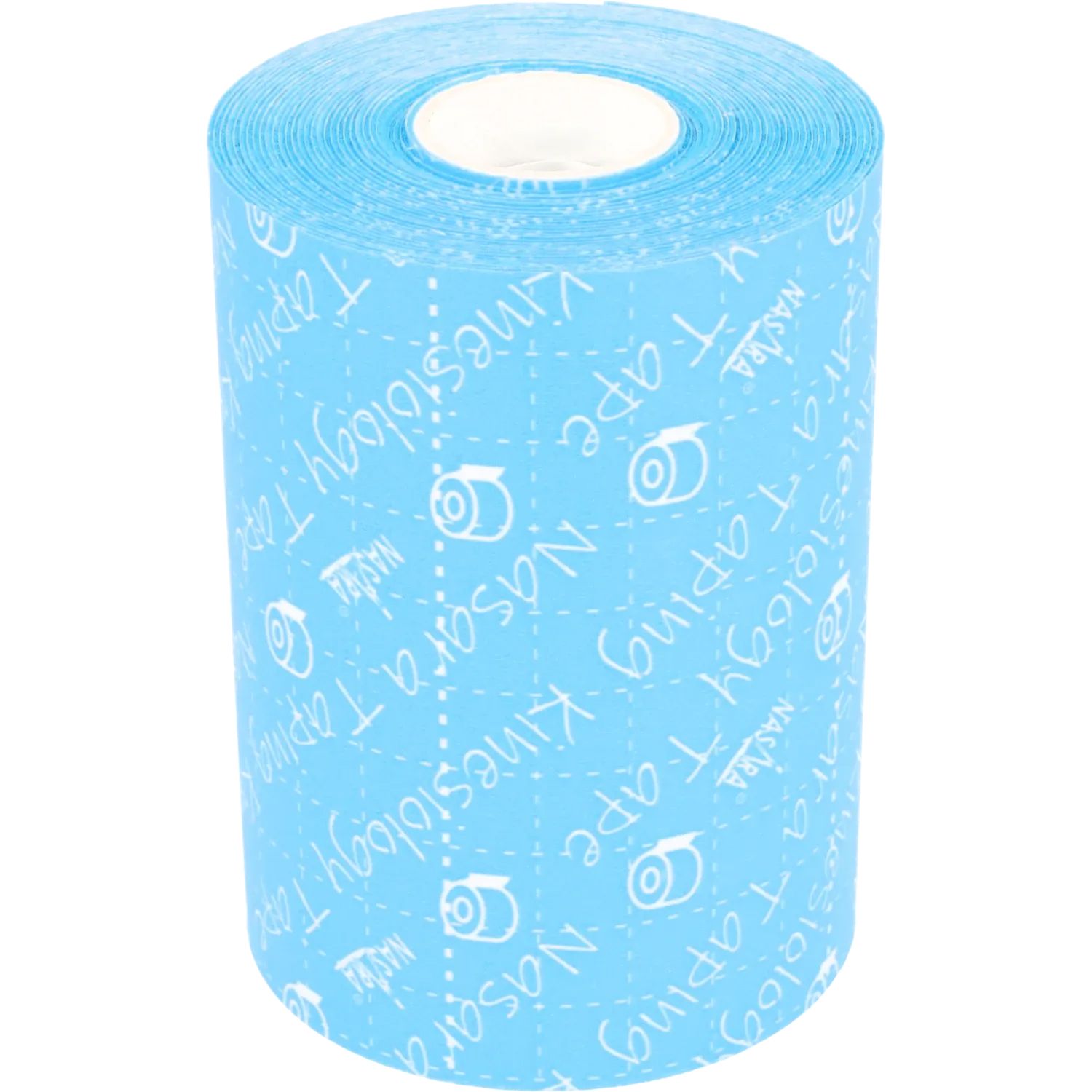 Rolle blaues Kinesiologie-Tape. Aufdruck: Nasara Taping Kinesiology Tape. Weißer Aufdruck auf blauem Hintergrund.