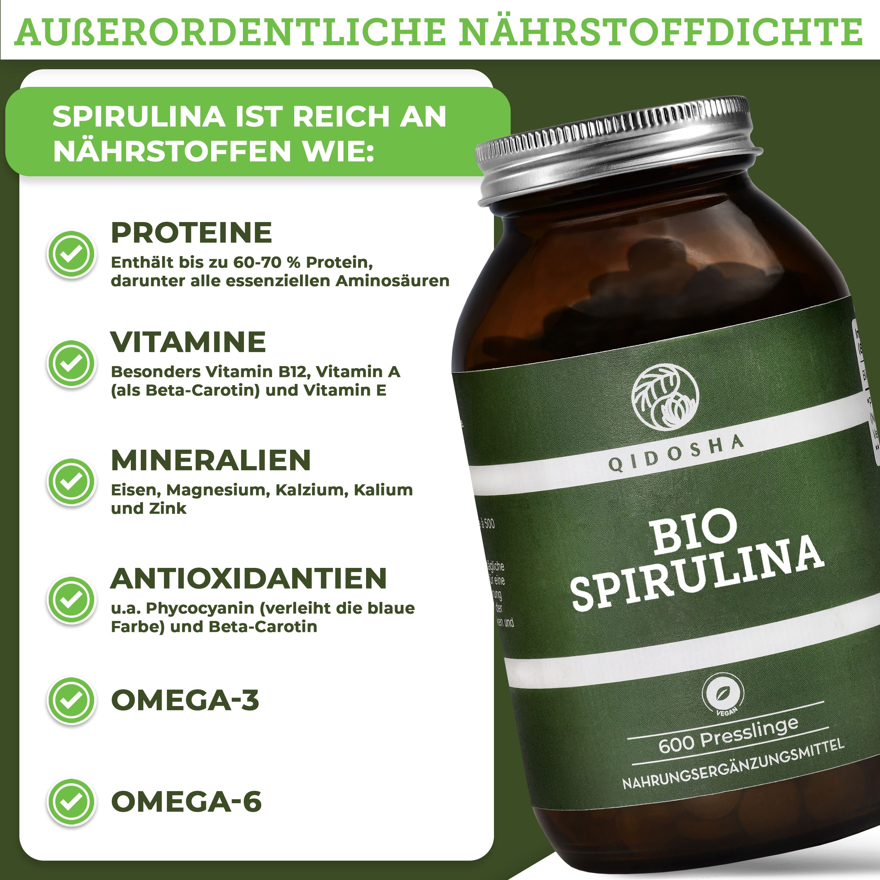 Glasflasche mit grünem Etikett. BIO Spirulina, 600 Presslinge. Infografik mit Nährstoffangaben. Bio-Siegel.