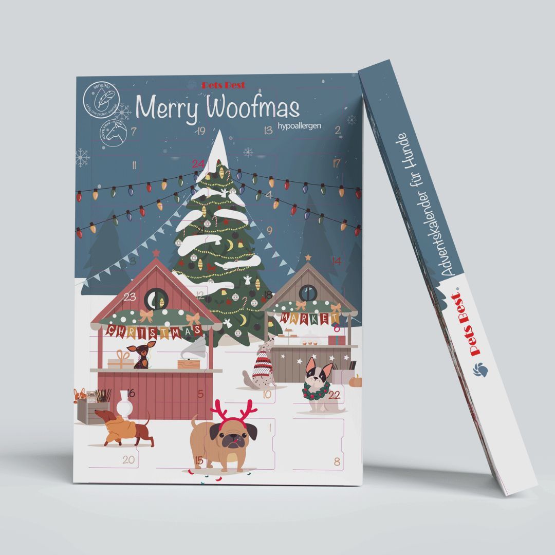 Adventskalender für Hunde. Geöffnet, zeigt die Seite mit dem Logo Pets Best. Illustration Weihnachtsmarkt mit Hunden. Aufschrift: Merry Woofmas.