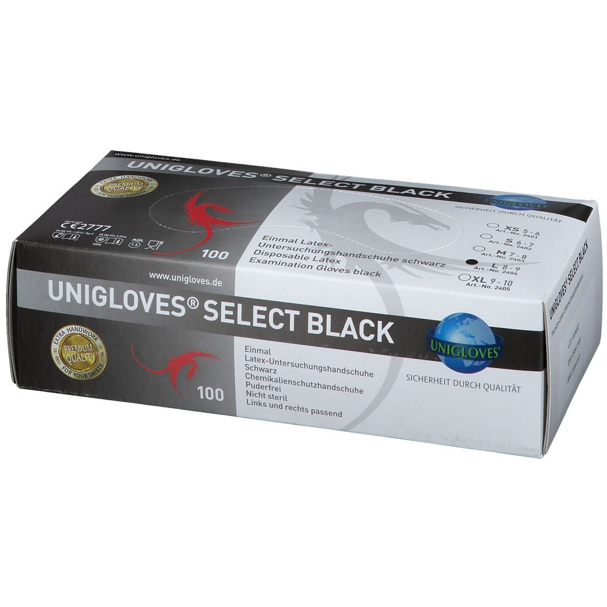 Schwarze Handschuhbox. Aufschrift: UNIGLOVES® SELECT BLACK. 100 Stück. Größenangaben.
