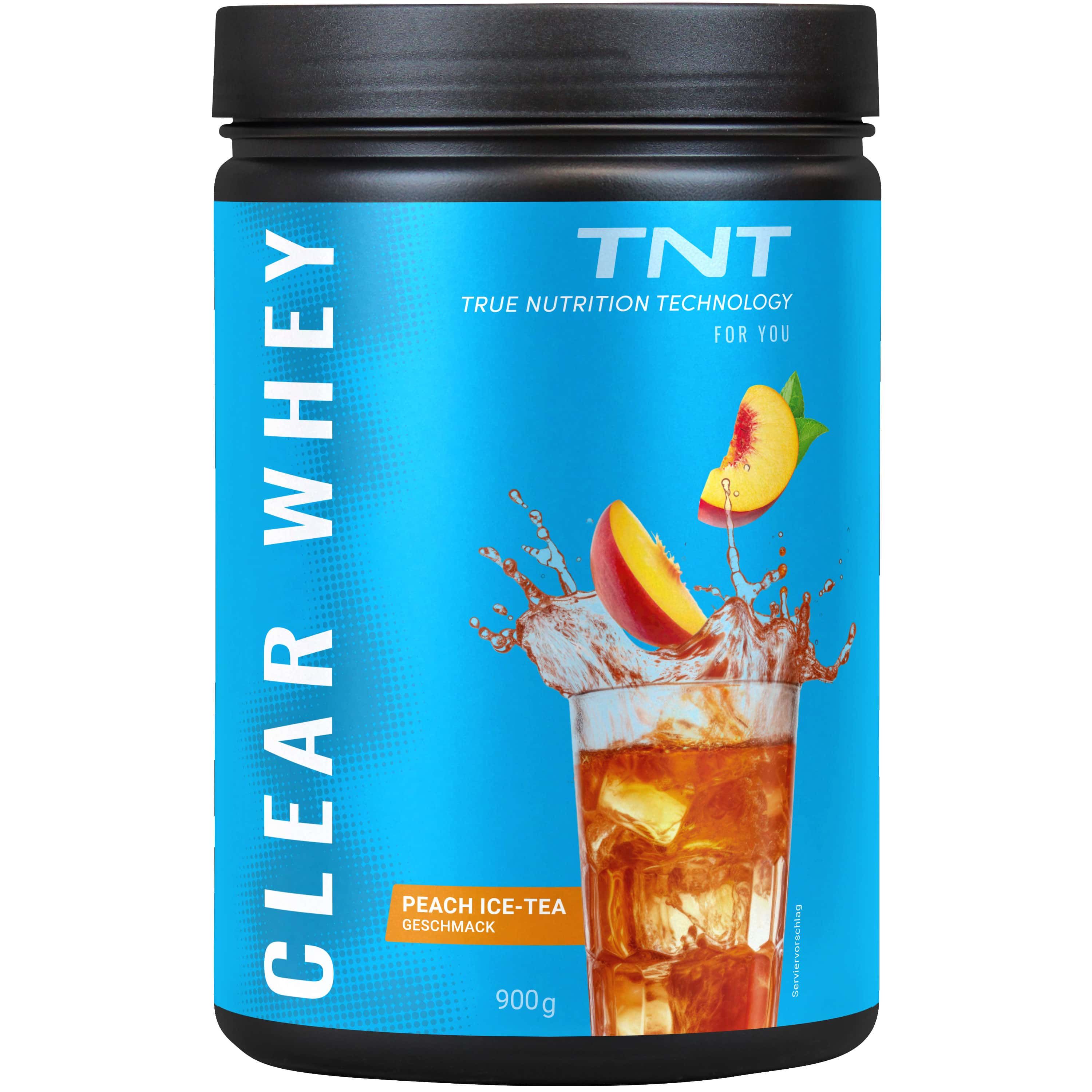 Blaue Dose mit TNT CLEAR WHEY, Pfirsich-Eistee-Geschmack. Abbildung eines Getränks mit Pfirsichstücken. 900g.