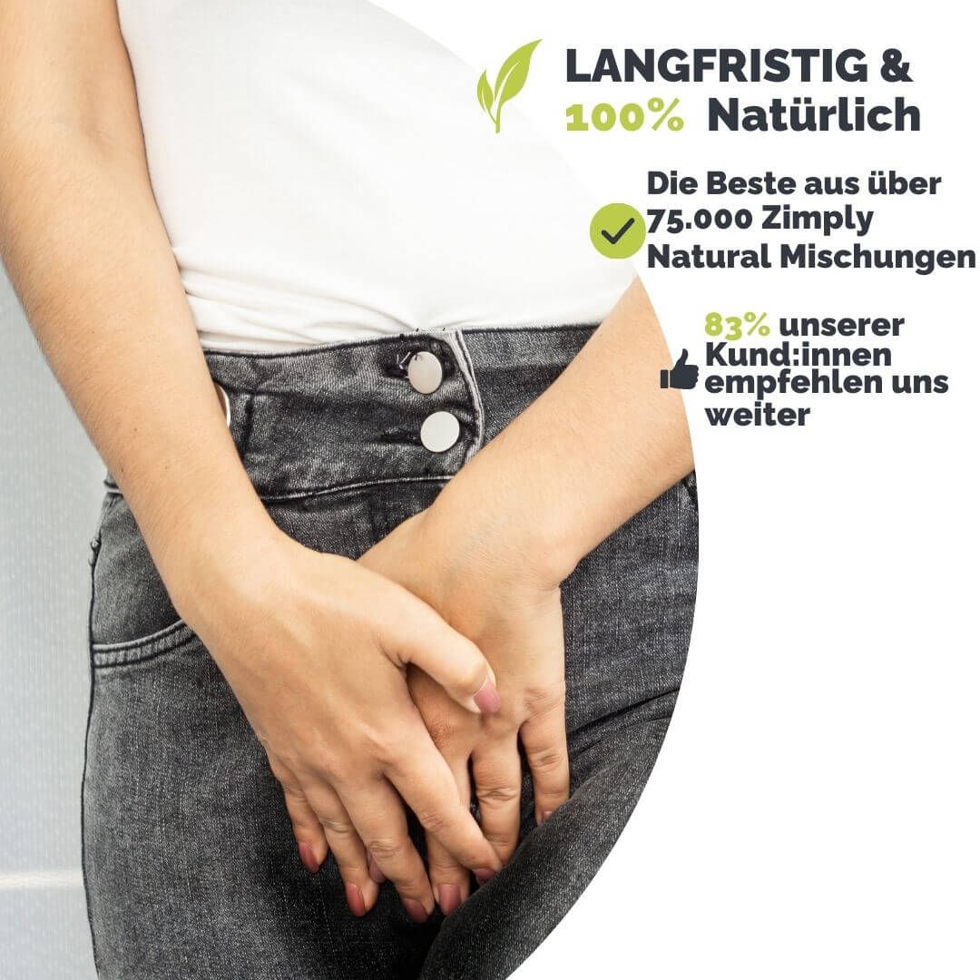 Person hält Hände vor dem Unterleib. Text: LANGFRISTIG & 100% Natürlich. 83% der Kunden empfehlen uns weiter. Logo mit Blatt.