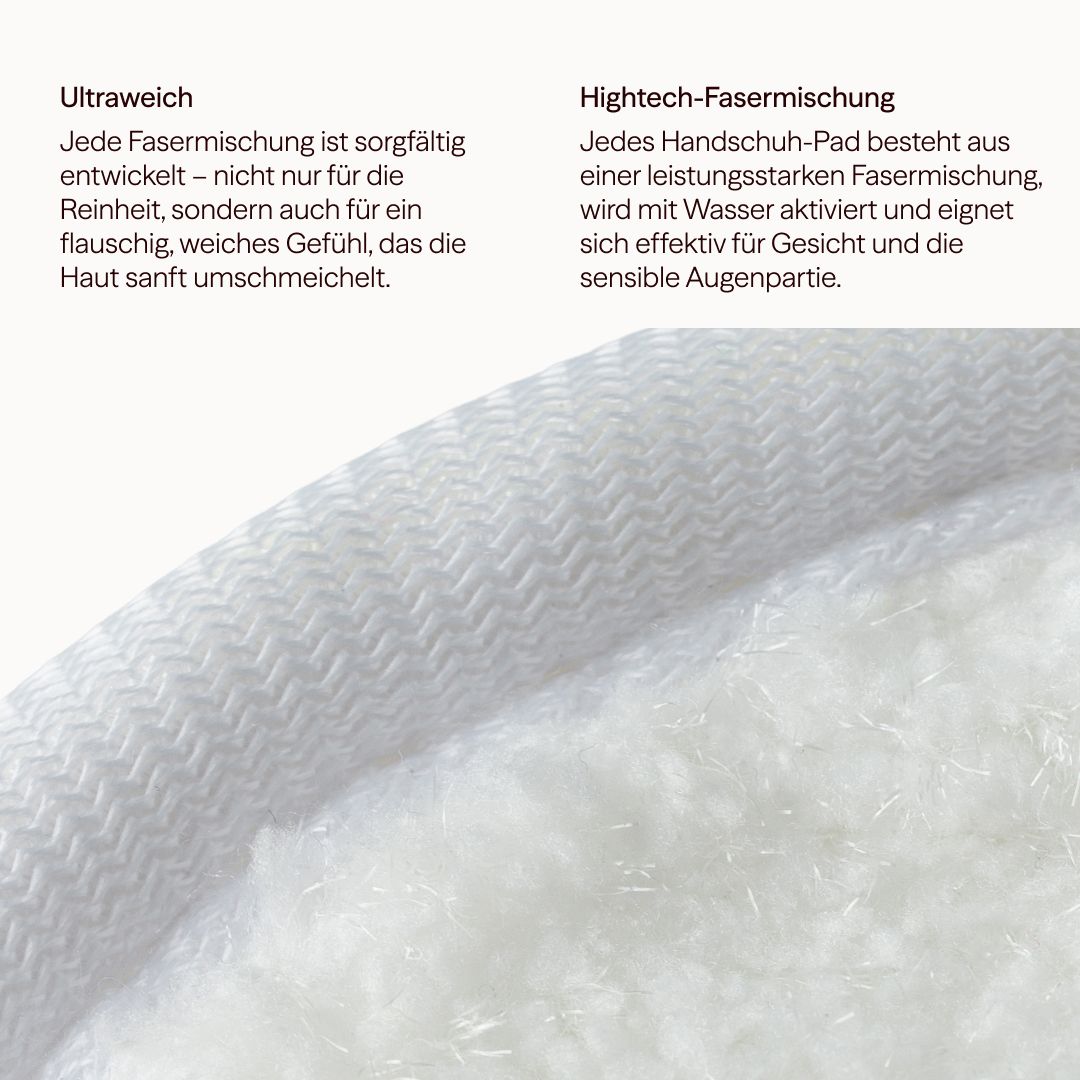 Nahaufnahme eines weißen Waschies-Handschuhs. Die Oberfläche zeigt eine feine Textur. Text: Ultraweich und Hightech-Fasermischung.
