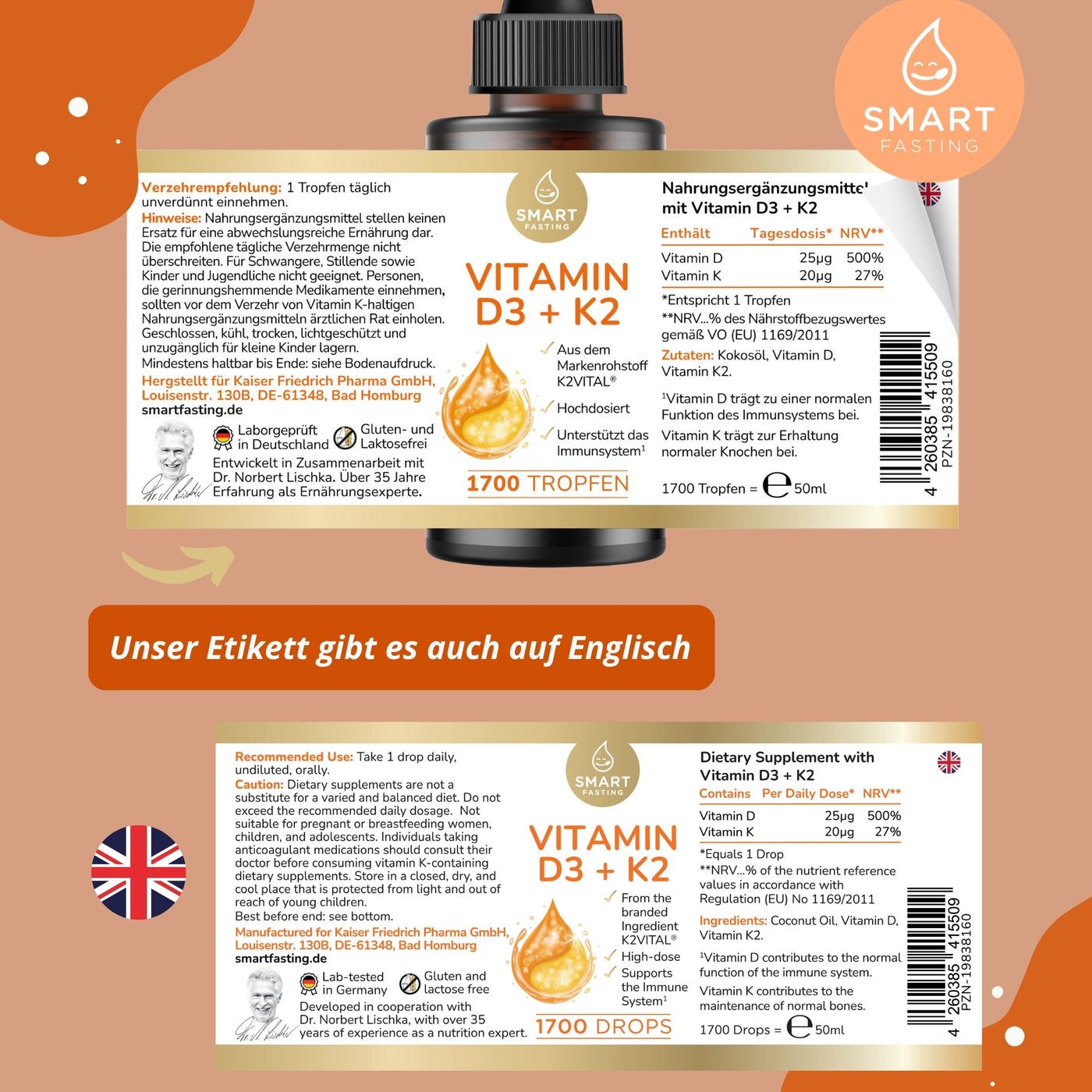Braune Flasche mit Tropfer. Aufschrift: Vitamin D3 + K2. 1700 Tropfen. Marke: Smart Fasting. Etikett in Deutsch und Englisch.