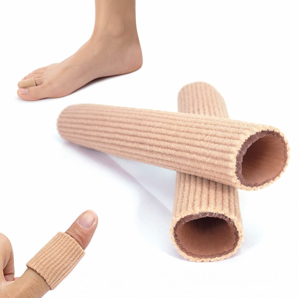 Zwei beige Silikon-Gelröhrchen und ein Fuß. Ein Röhrchen auf einem Zeh. Ein Röhrchen auf einem Finger. Nahaufnahme.