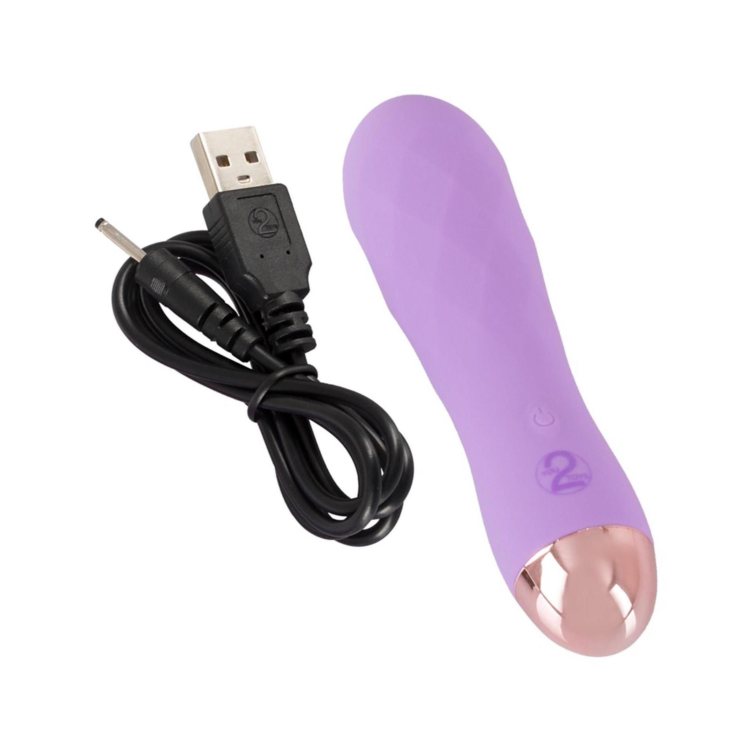 Lila Vibrator mit Diamantmuster. Goldfarbene Spitze. USB-Ladekabel.