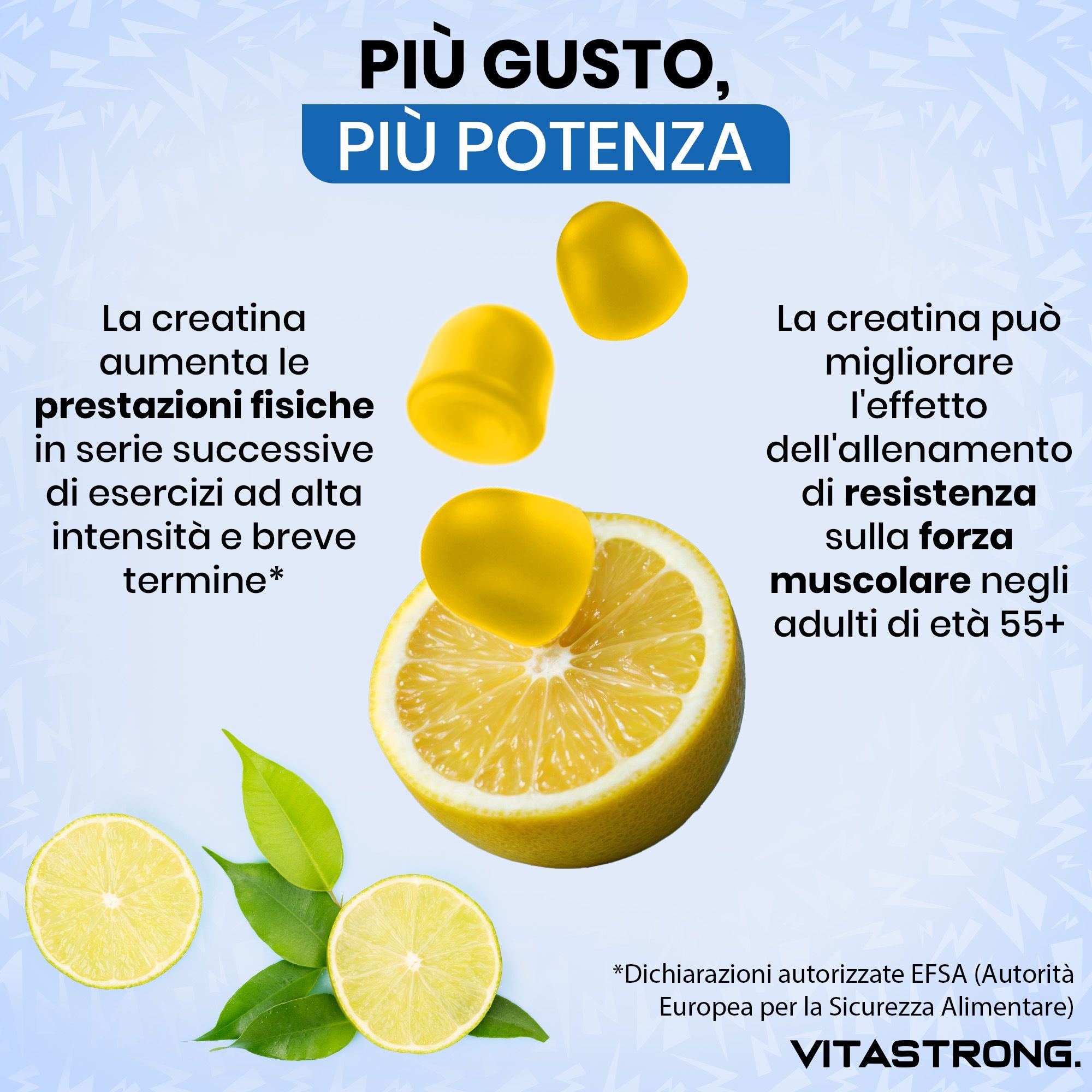 Zitronen und Kreatin-Gummis. Text: Kreatin verbessert die körperliche Leistung bei intensiven Übungen.