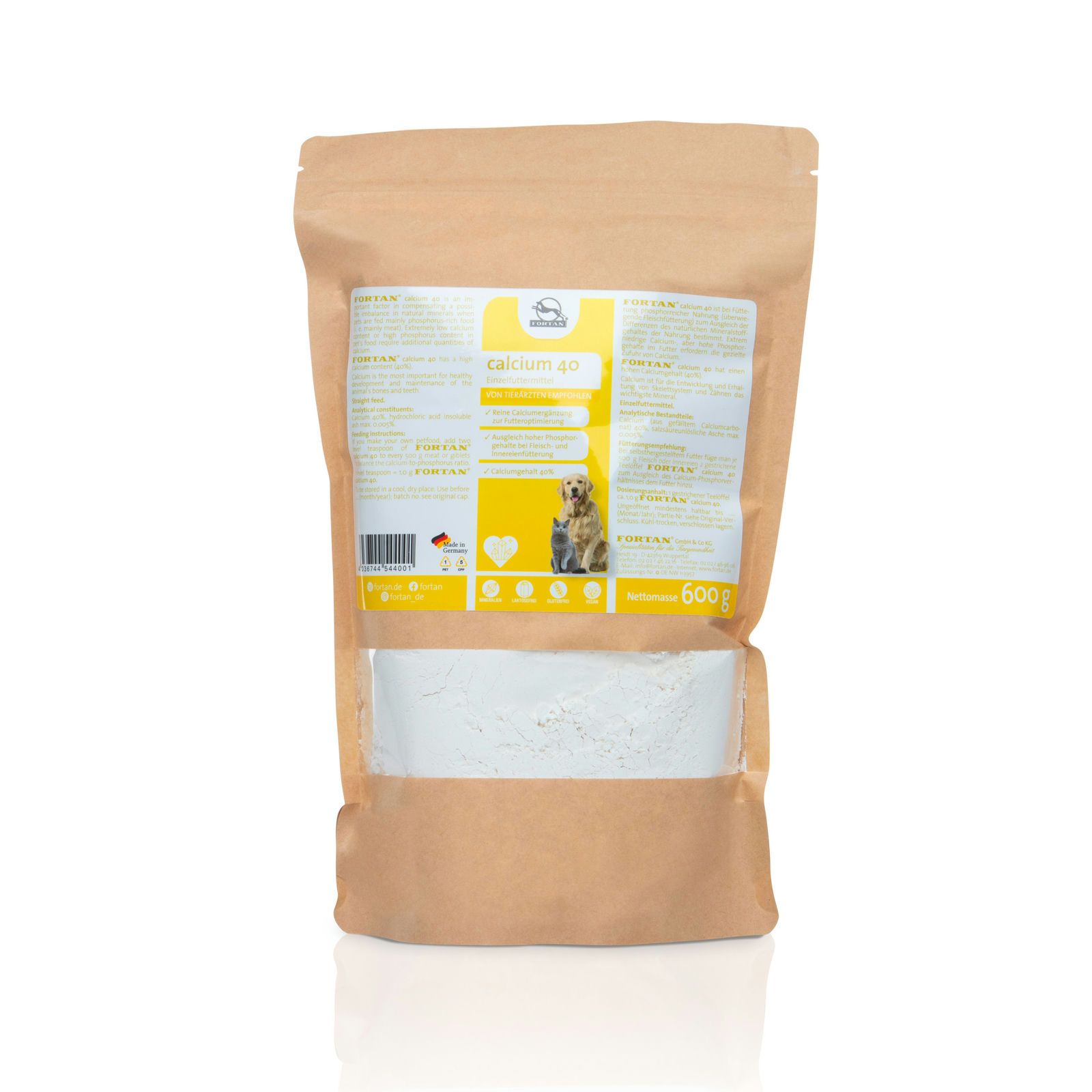 Beutel mit FORTAN Calcium 40 Pulver. Sichtfenster zeigt weißes Pulver. Aufdrucke mit Produktinformationen und Logo.