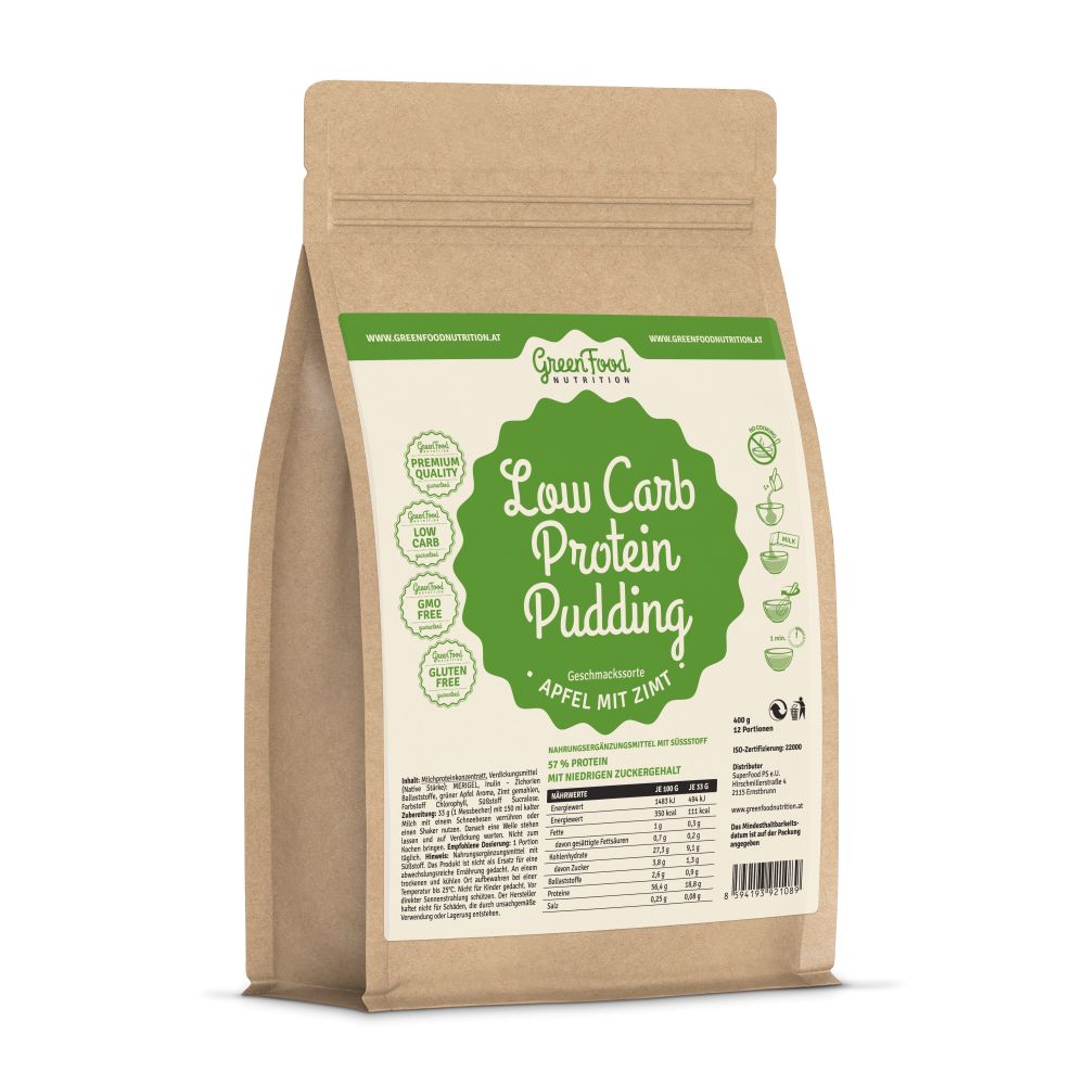 Beutel mit GreenFood Nutrition Low Carb Protein Pudding Apfel-Zimt. Aufschrift: Low Carb Protein Pudding, Apfel mit Zimt. Siegel: Premium Quality, Low Carb, GMO Free, Gluten Free.