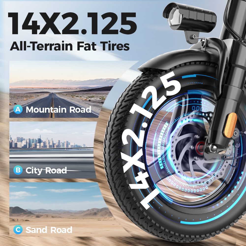 E-Bike-Reifen mit der Aufschrift 14X2.125. Geeignet für Mountain-, Stadt- und Sandstraßen. Schwarzer Reifen, blaues Bremssystem.