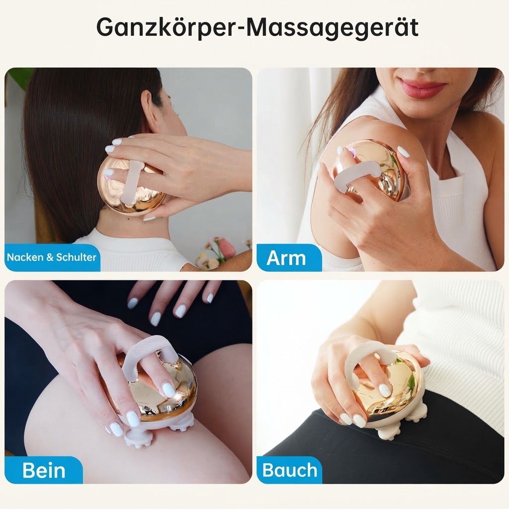 Vier Anwendungen eines goldenen Massagegeräts für Nacken, Schulter, Arm, Bein und Bauch.