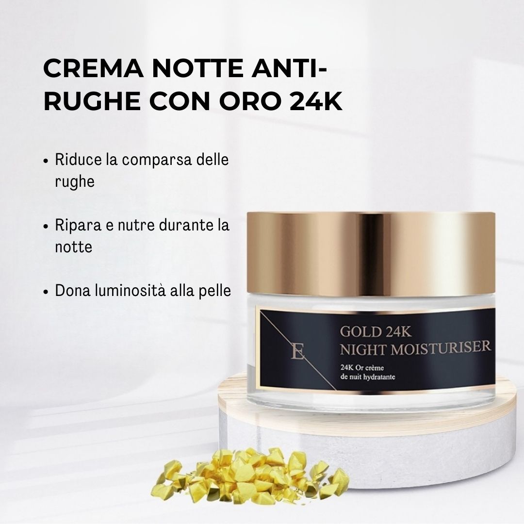 Creme-Tiegel mit goldfarbenem Deckel. Aufschrift: GOLD 24K NIGHT MOISTURISER. Text: CREMA NOTTE ANTI-RUGHE CON ORO 24K.