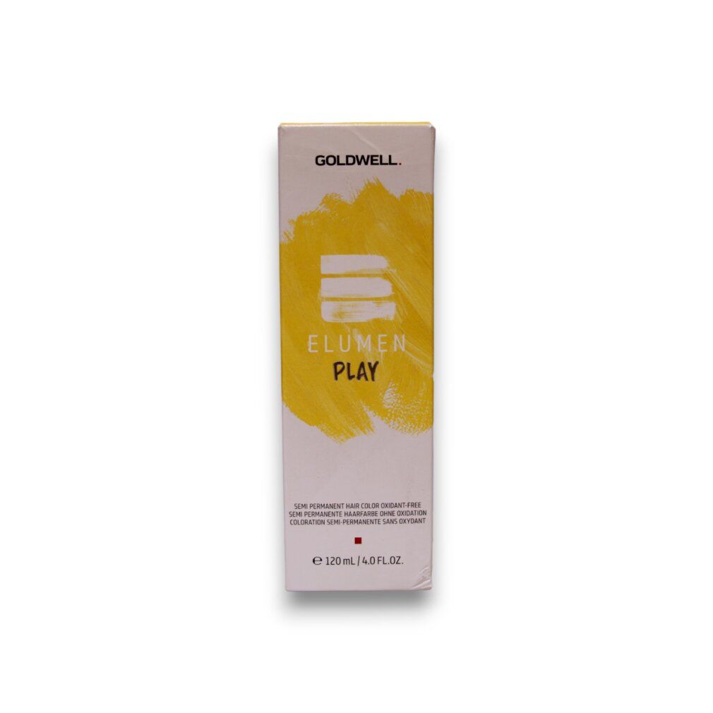 ELUMEN PLAY Haarfarbe, Verpackung. Gelb, semipermanent, oxidationsmittelfrei. Goldwell-Logo.