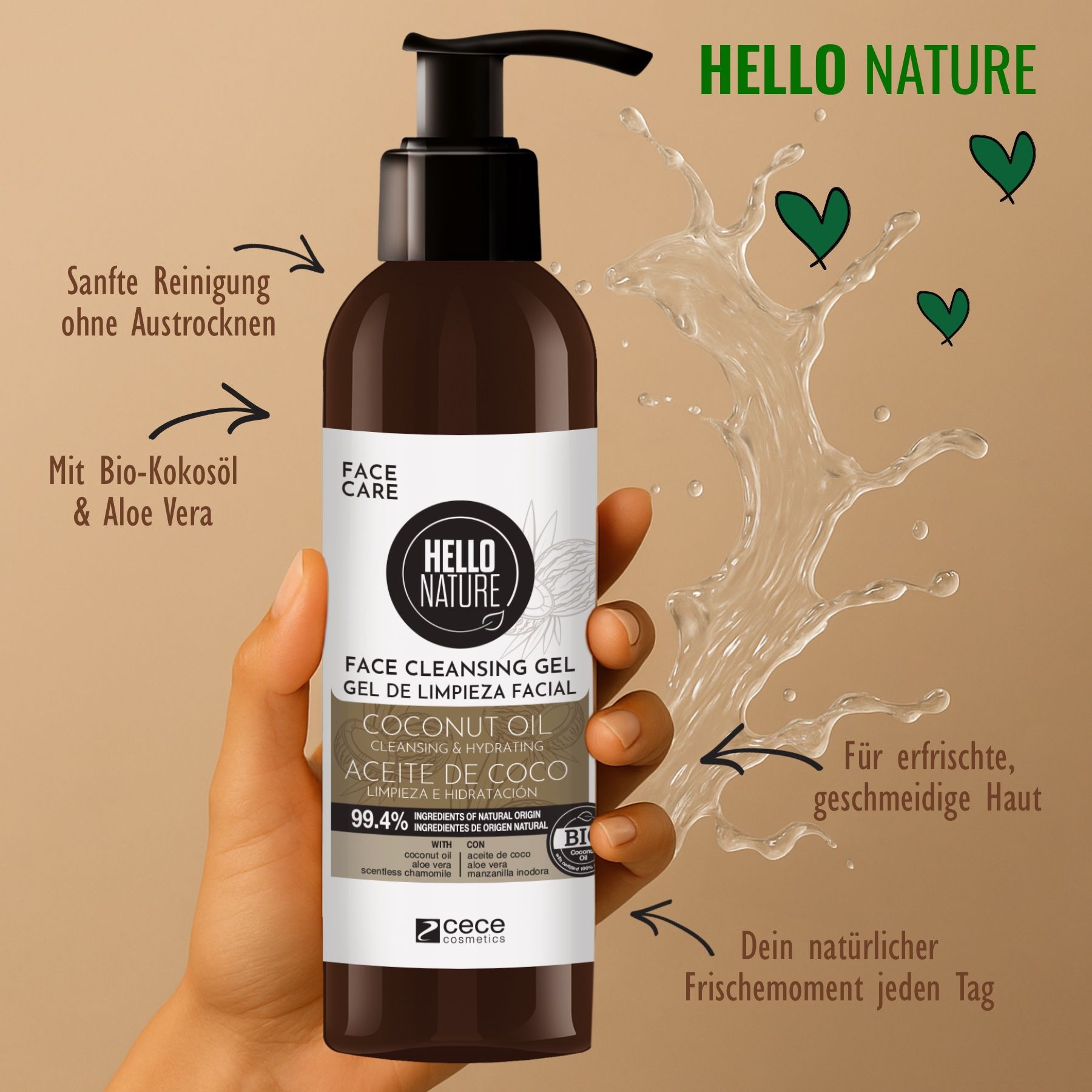 Flasche Gesichtreinigungsgel mit Kokosöl. Logo Hello Nature. Text: 99,4% natürliche Inhaltsstoffe. Aloe Vera.