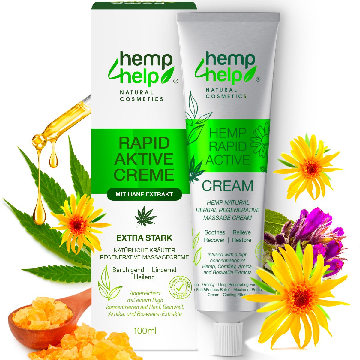 Tube und Kartonverpackung der Hemp+Help Rapid Active Creme mit Hanfextrakt.
