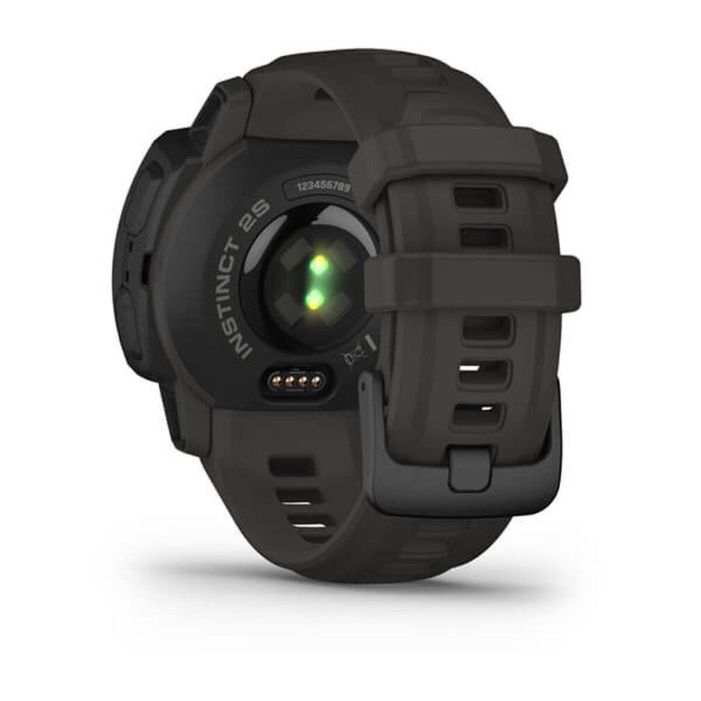 Rückseite der schwarzen Smartwatch. Herzfrequenzsensor und Ladekontakte sichtbar. 'Instinct 2S'.