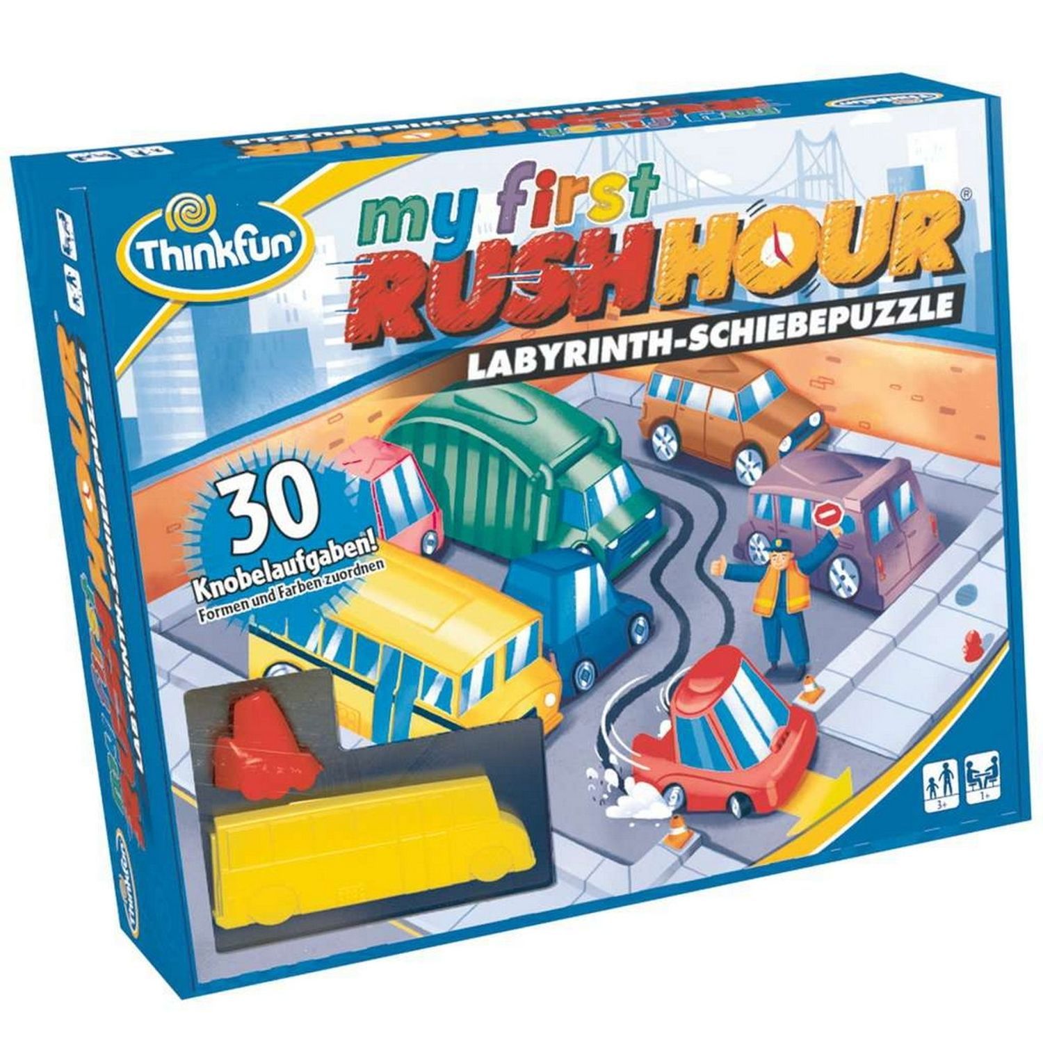 Spiel "My First Rush Hour" in Verpackung. Enthält Autos, Labyrinth-Schiebespiel. 30 Knobelaufgaben. Farben: gelb, grün, rot, blau, orange, lila.