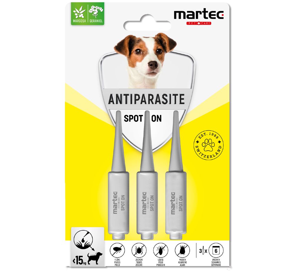 Verpackung mit drei Spot-On-Pipetten. Aufdruck: Antiparasit, martec, für Hunde unter 15 kg. Mit Hundefoto.
