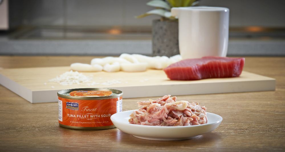 Geöffnete Dose Thunfischfilet mit Tintenfisch, Thunfischstücke und Zutaten auf Holzbrett. Aufschrift: Fish4Cats Finest Tuna Fillet with Squid.