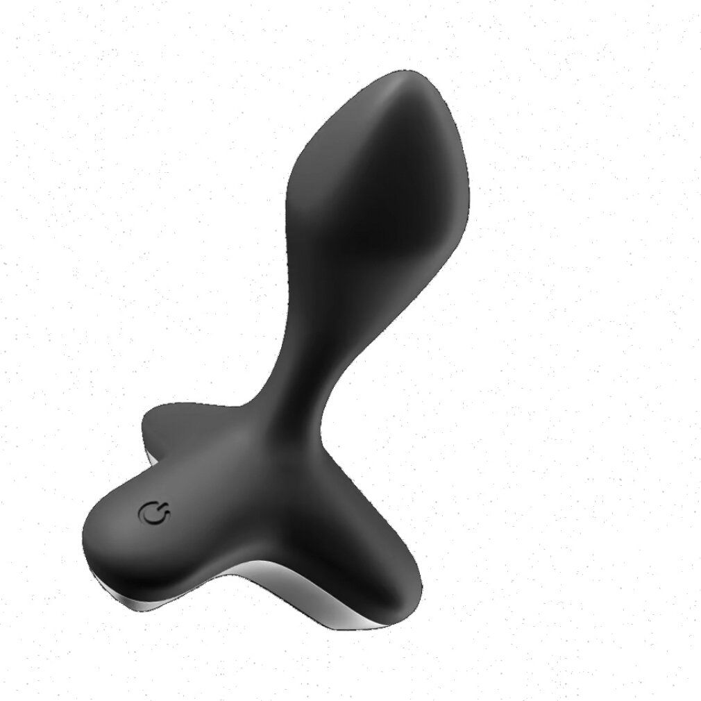 Schwarzer Analvibrator, leicht schräg. Ovale Spitze, ergonomische Form. Power-Taste mit Symbol. Silberfarbener Sockel. Glatte Oberfläche.