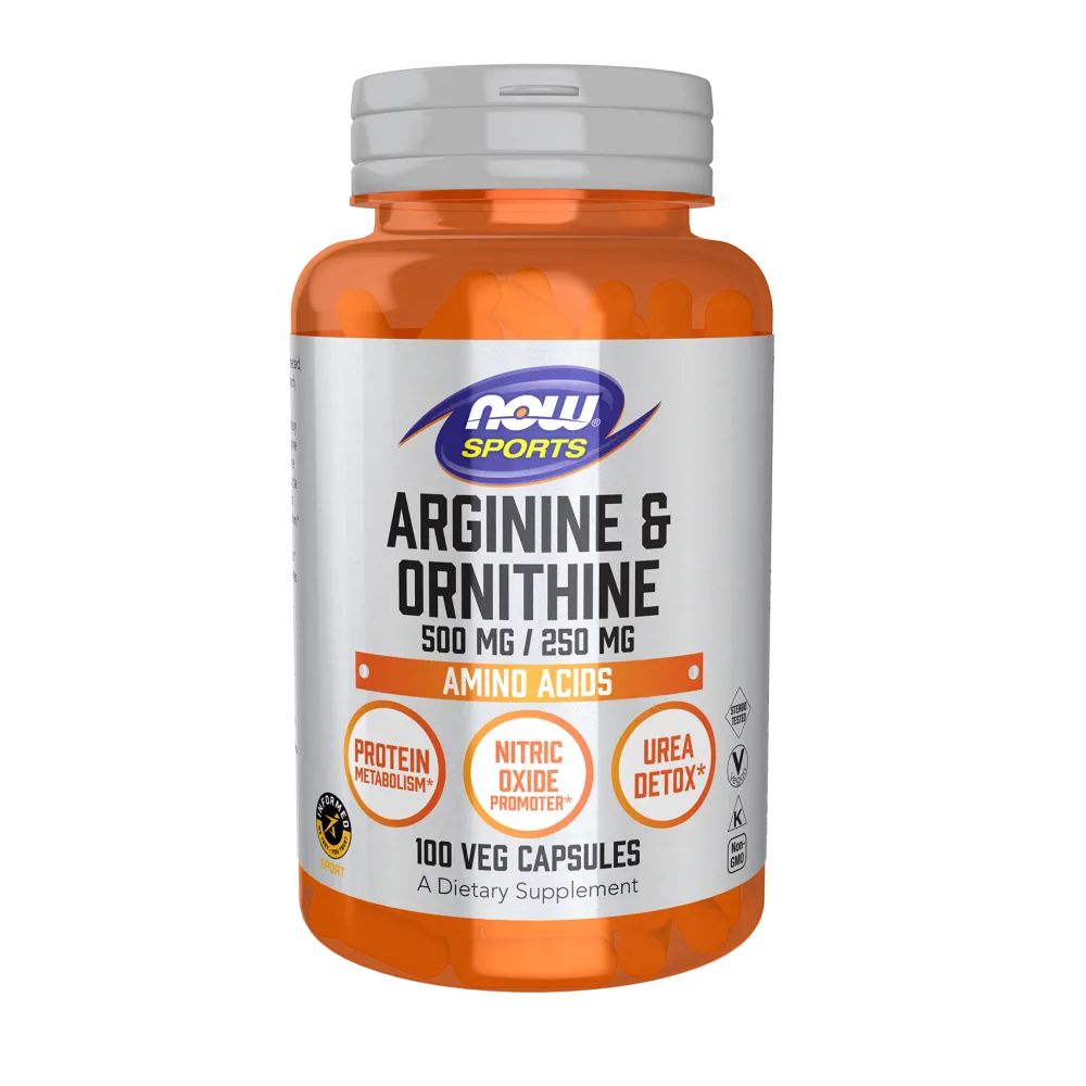 NOW FOODS Arginin & Ornithin, 500 mg/250 mg Aminosäuren. Orangefarbene Flasche mit weißem Deckel. Etikett mit Produktinformationen.