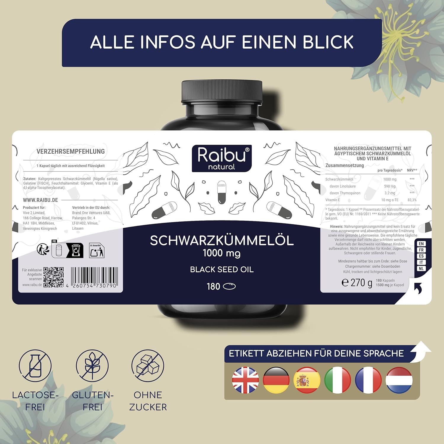 Schwarzkümmelöl Kapseln, 180 Stück. Flasche mit Etikett, Informationen zu Inhaltsstoffen und Zertifizierungen. Lactose-, glutenfrei, ohne Zucker.
