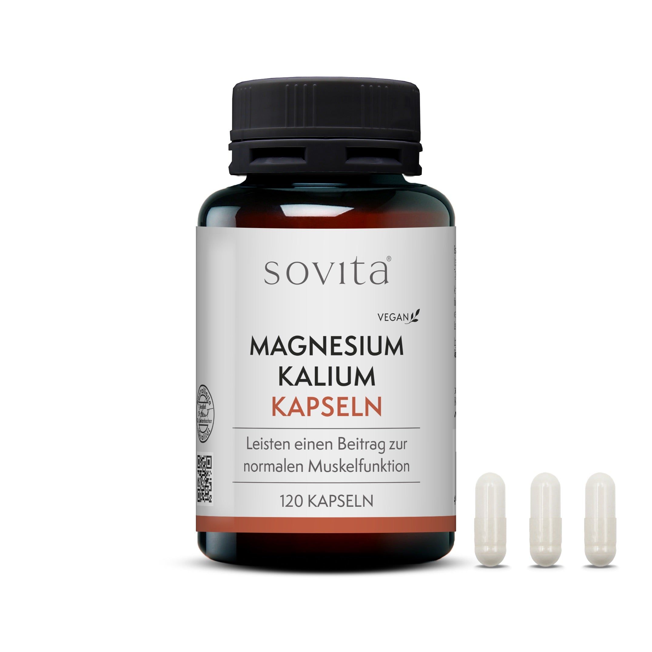 Sovita Magnesium Kalium Kapseln Flasche und 3 Kapseln. Schwarzer Deckel, weißes Etikett. Text: 120 Kapseln, vegan.