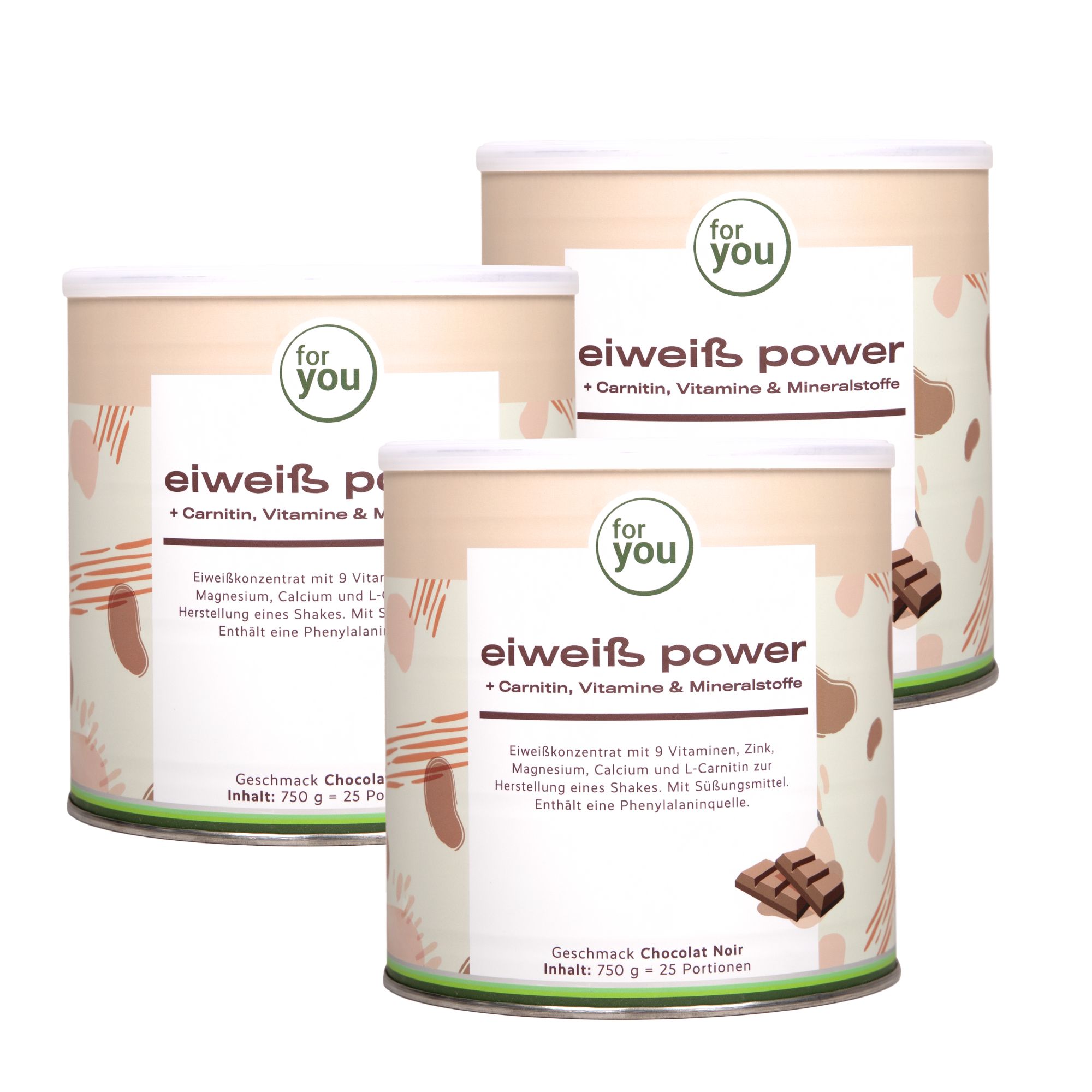 Drei Dosen "Eiweiß Power" mit L-Carnitin, Vitaminen und Mineralstoffen. Geschmack Schoko.