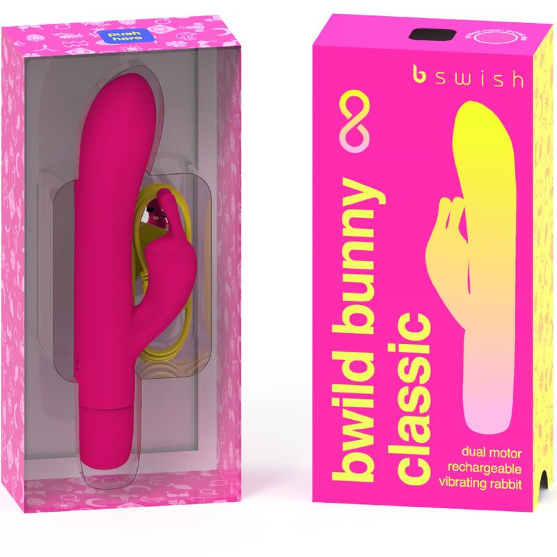 Pinker Vibrator im Karton. Produktname: B Swish. Verpackung mit Produktabbildung. Aufschrift: bwild bunny classic.
