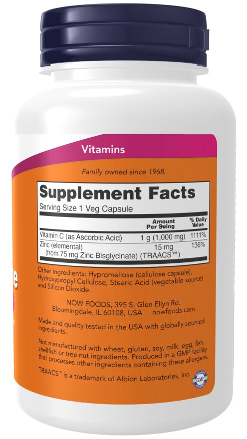 Rückseite der weißen Flasche. Etikett mit Nährwertangaben. Enthält Vitamin C und Zink. Marke: NOW.