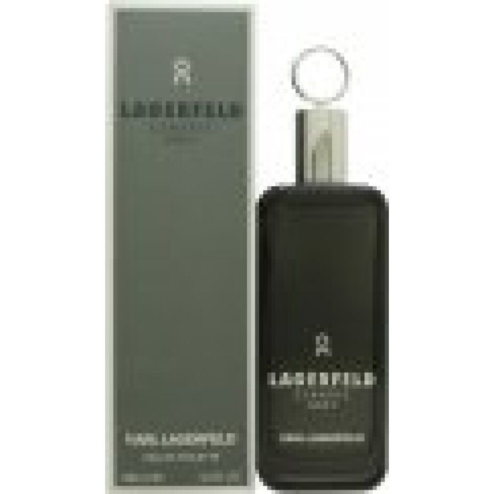 Grauer Flakon neben grauer Verpackung. Aufschrift: LAGERFELD CLASSIC GREY. Marke: KARL LAGERFELD. Text: Eau de Toilette.