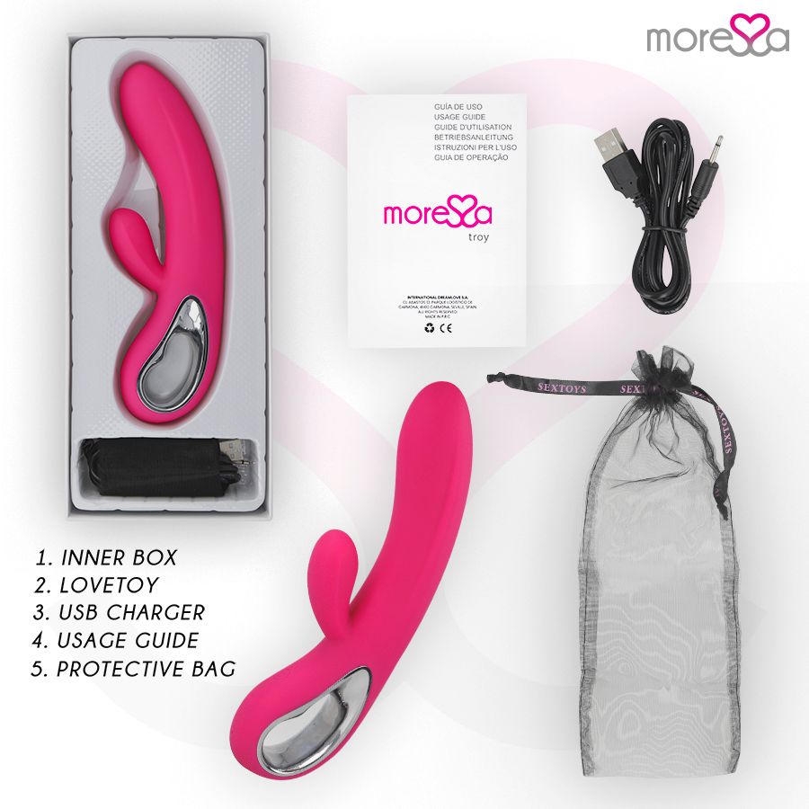 Produkt-Set: Vibrator, Ladekabel, Gebrauchsanweisung, Aufbewahrungsbeutel. Marke Moressa.