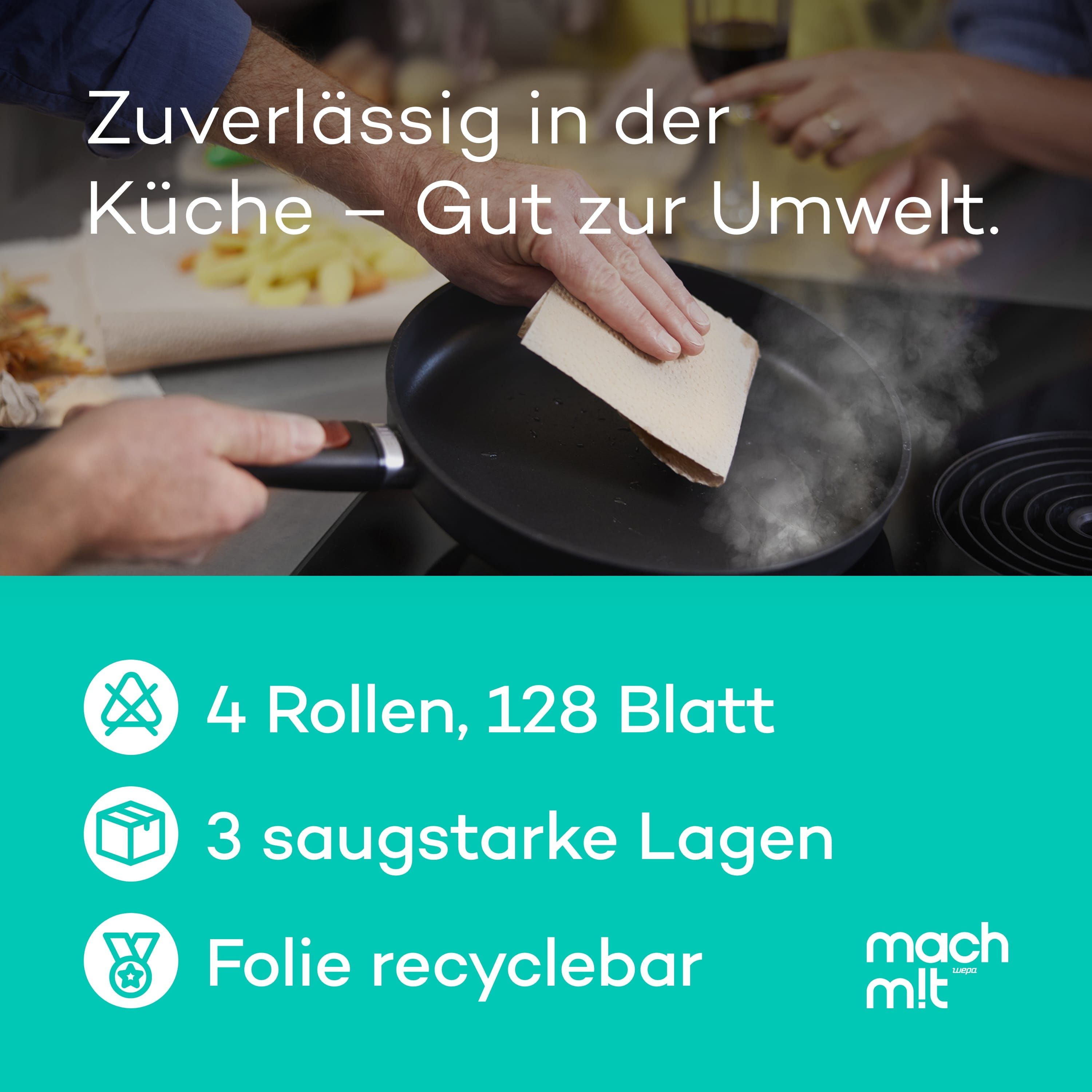 4 x Küchenrolle 3-lagig aus recyceltem Karton mach m!t PURE