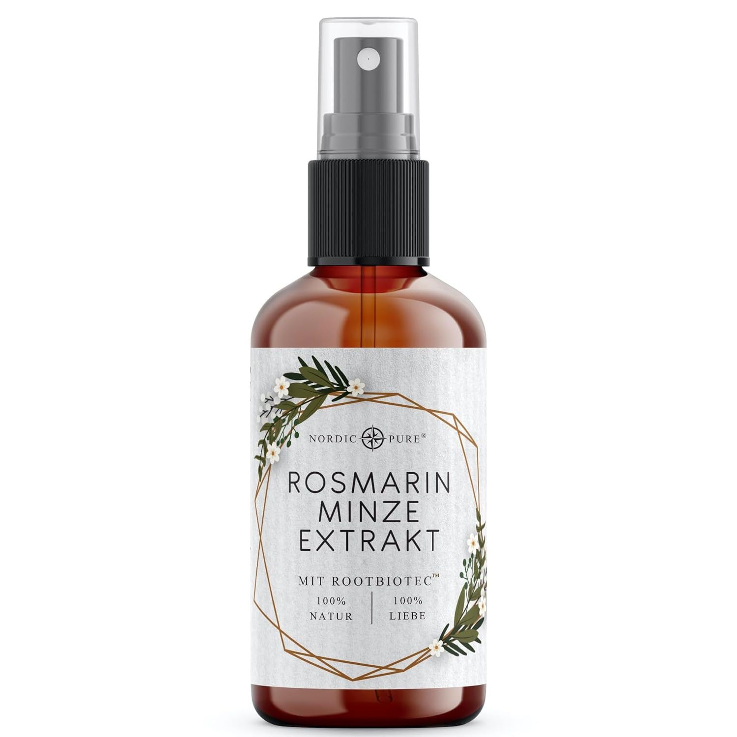 Braune Flasche mit Sprühkopf. Aufkleber mit Produktnamen Rosmarin Minze Extrakt und Logo von Nordic Pure.