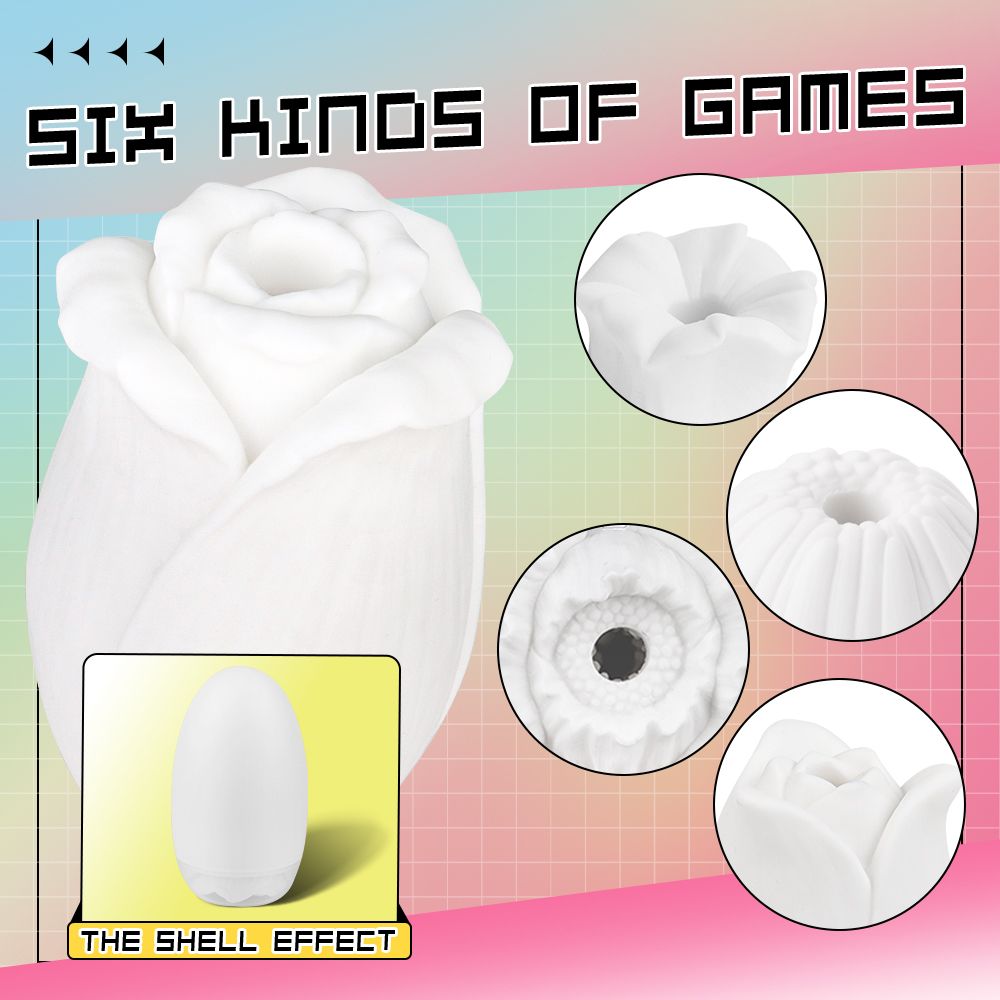 Weißer Masturbator in Rosenform. Text: SIX KINDS OF GAMES. Vier Detailansichten. Ei-Form.